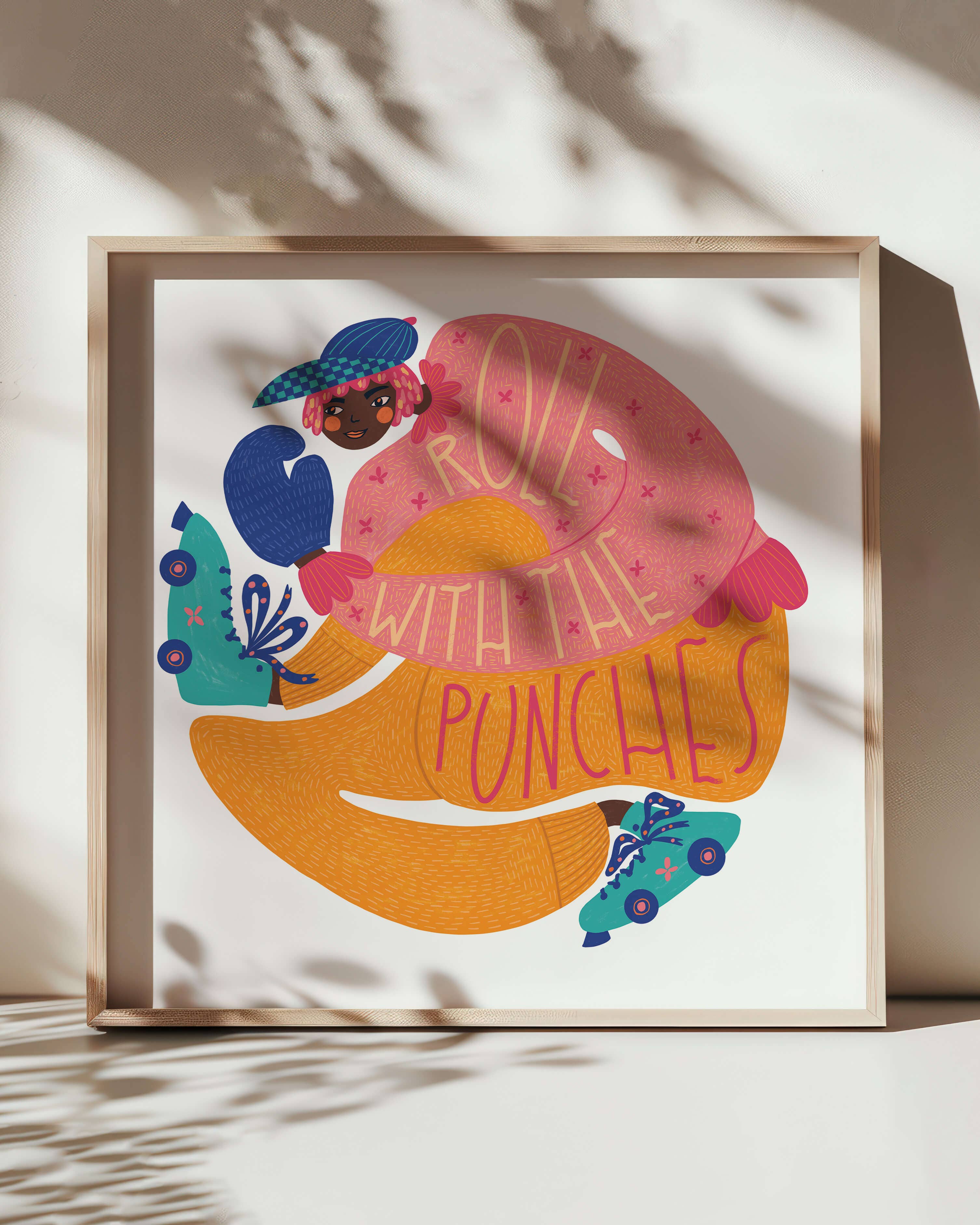 Framed colourful artwork with a person and text on a light background.