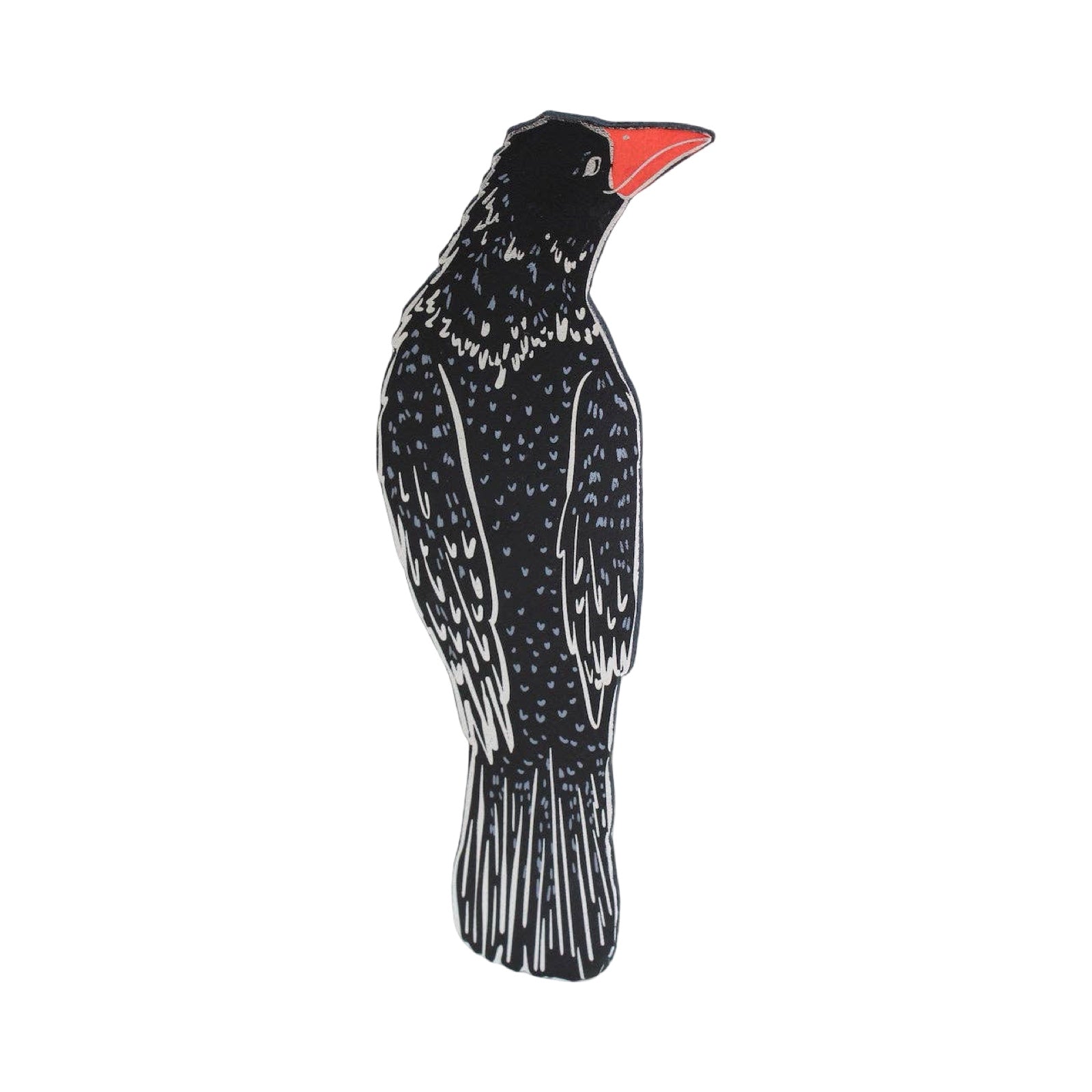 Black bird bookmark with red beak on a white background.