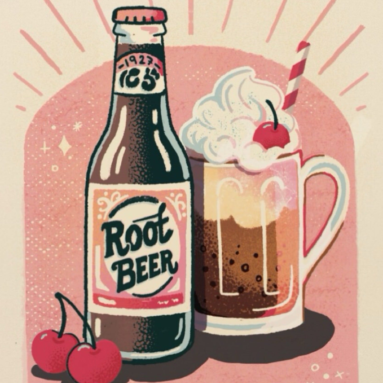 Print featuring a bottle of root beer next to a glass of root beer with cream and a cherry on top.