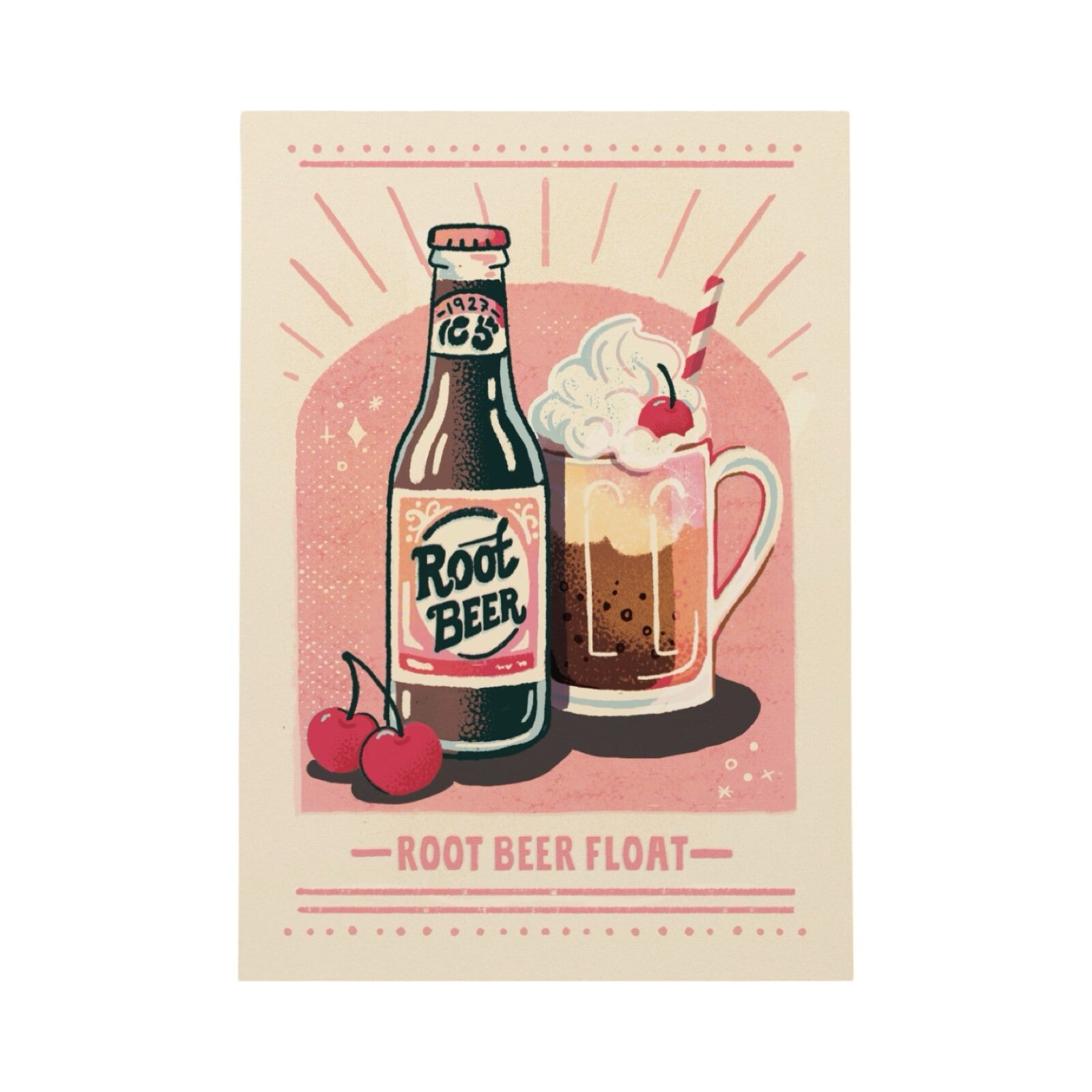 Print featuring a bottle of root beer next to a glass of root beer with cream and a cherry on top.