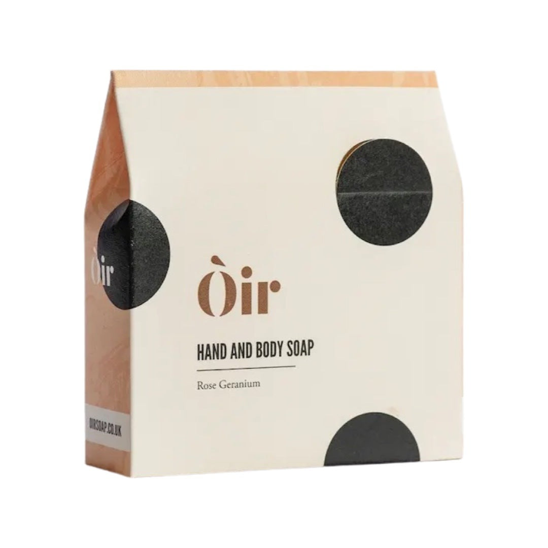 Luxury rose geranium hand and body soap with a fresh and floral aroma.