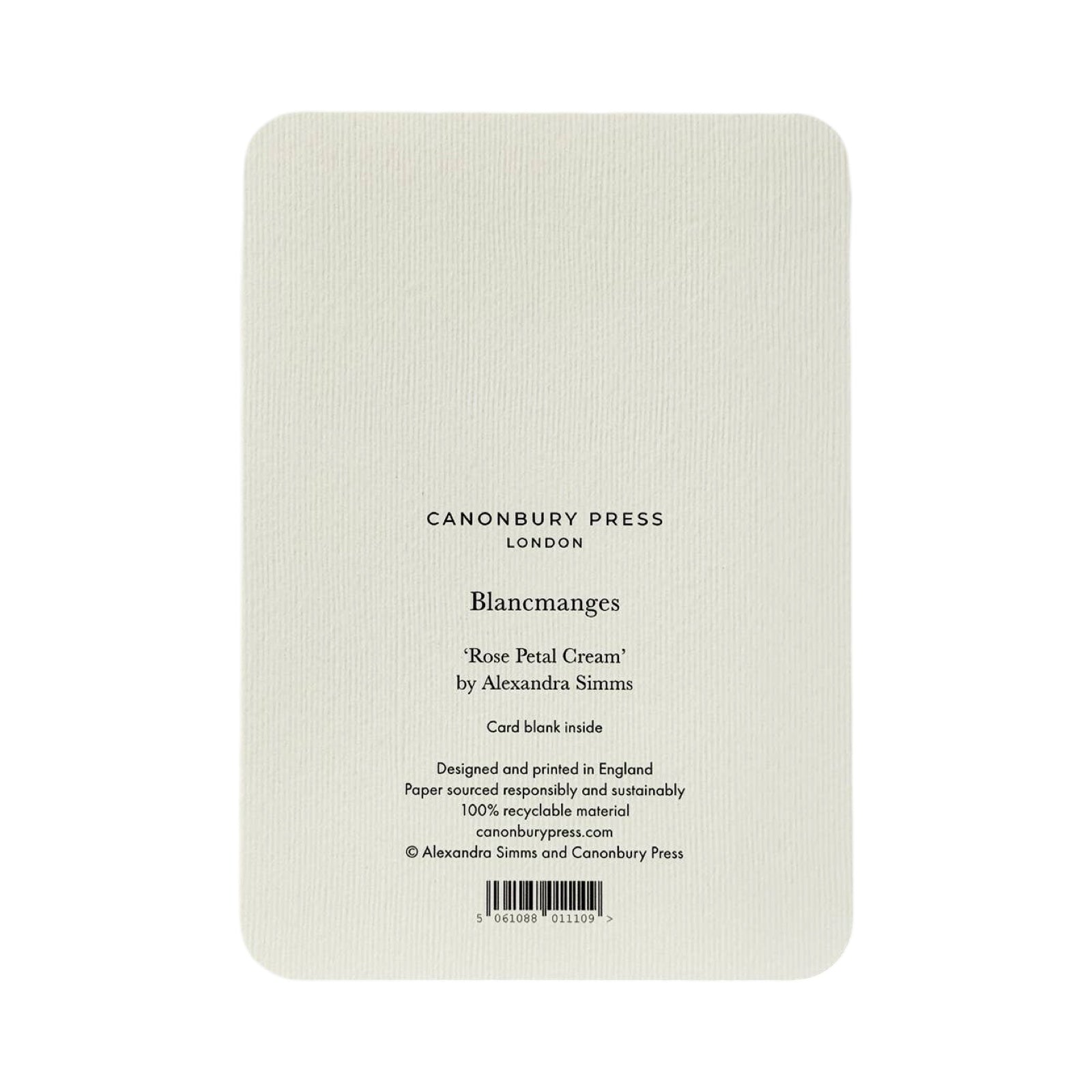 The back of a cream coloured card rom the 'Blancmanges' range by Alexandra Smith for Canonbury Press.