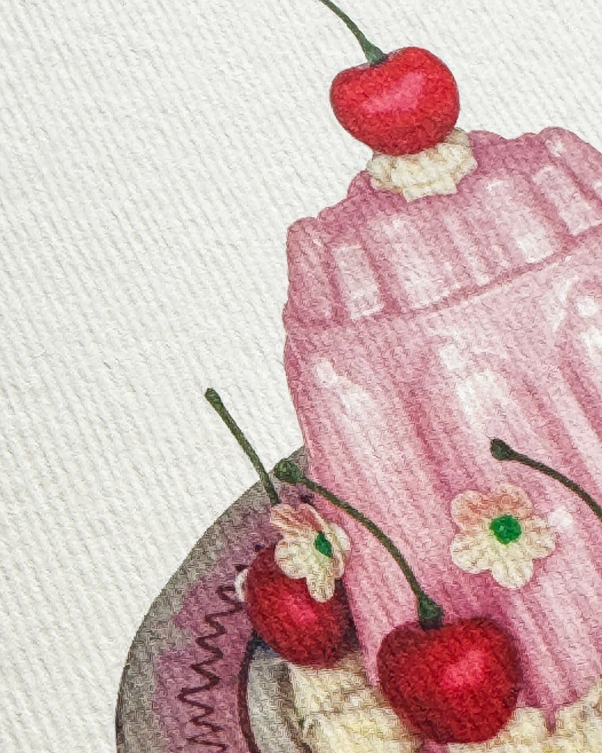 Illustration of a pink cake with cherries on textured card.