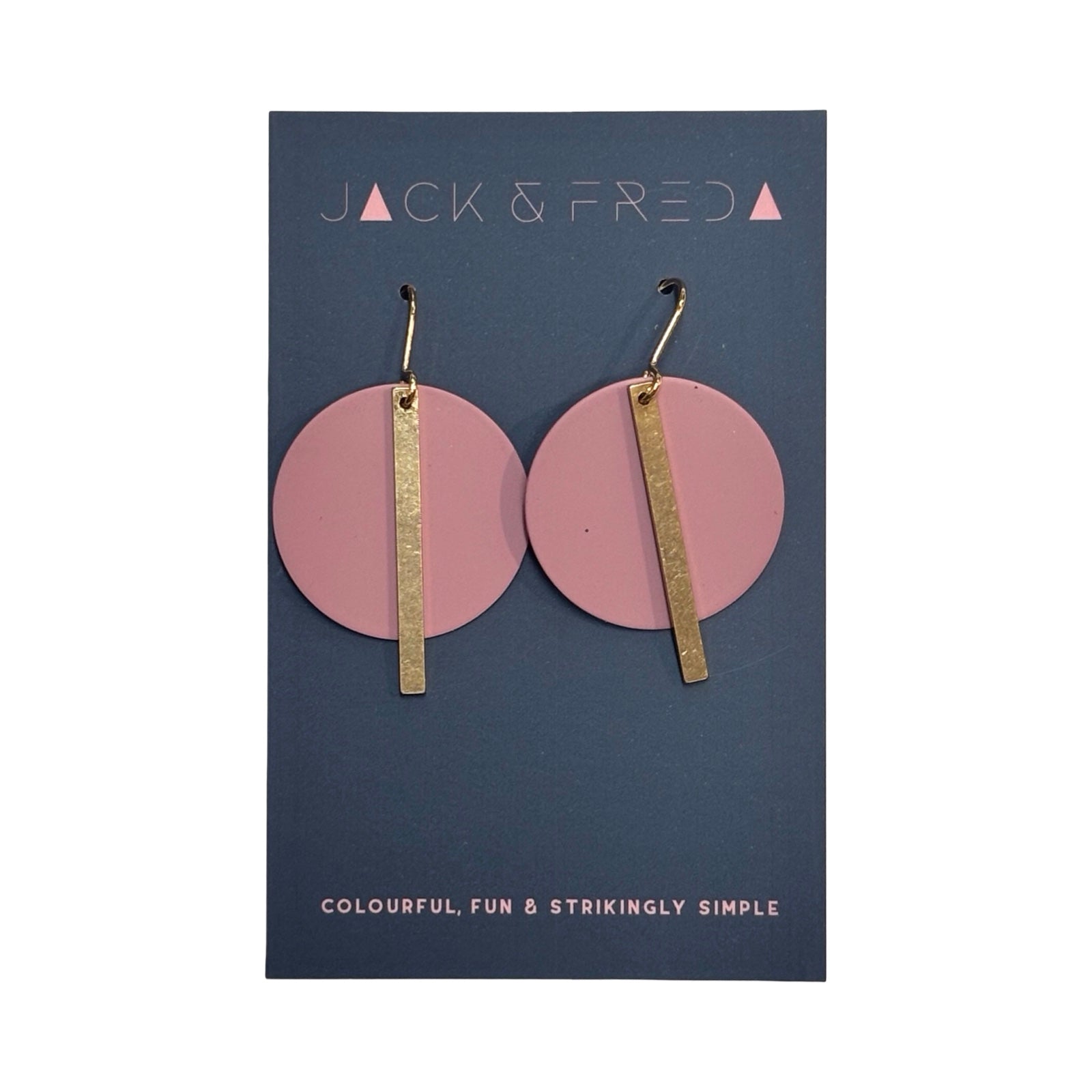 Pair of earrings with pink circular discs and gold bars on a Jack & Fred branded card.