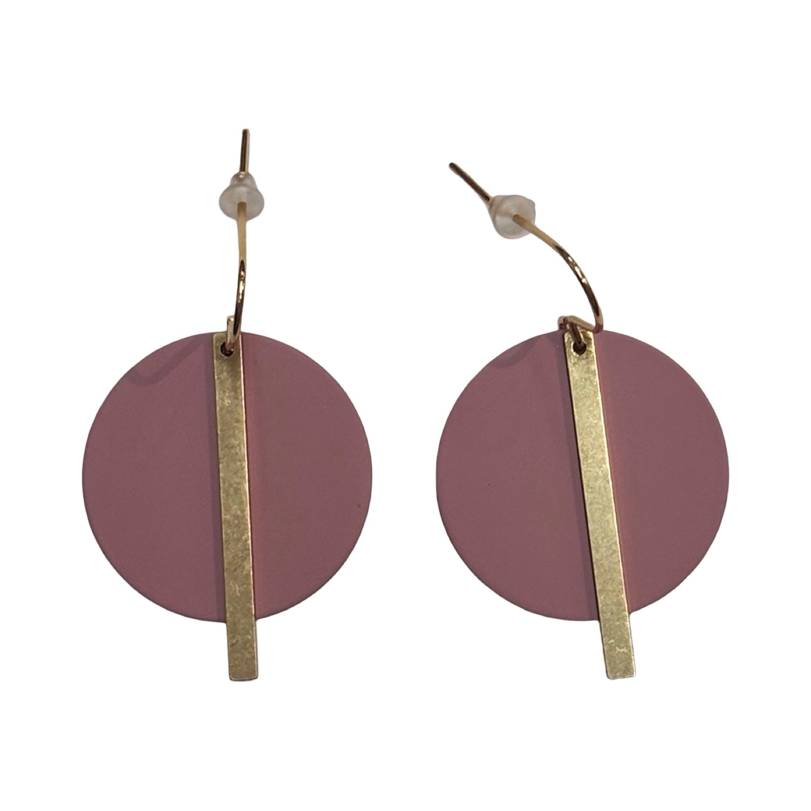 Pair of earrings with rose pink circles and gold bars on a white background.