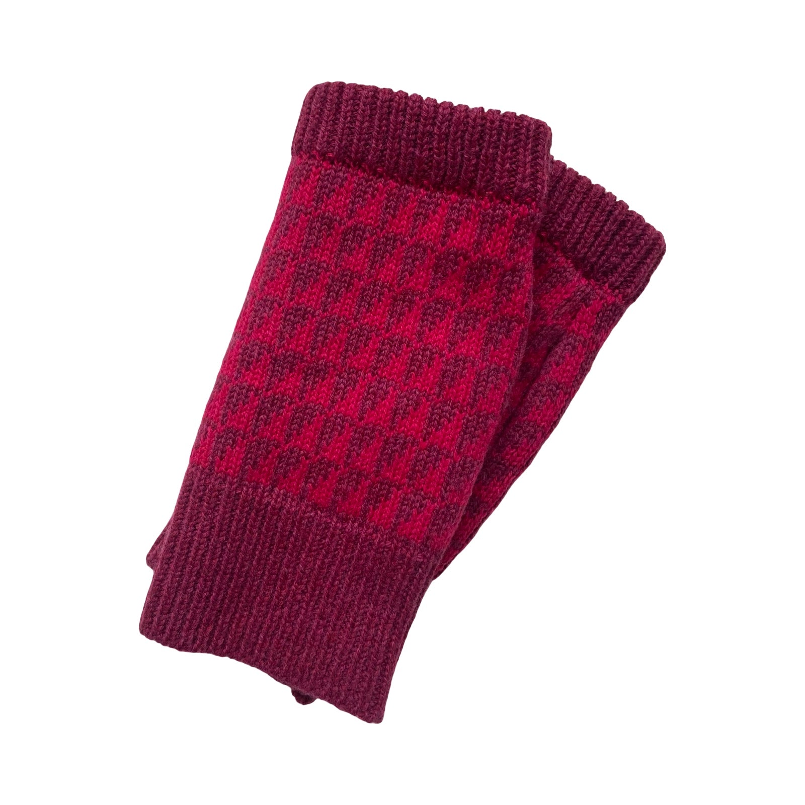 Scarlet and ruby dark pink patterned wrist warmers have a contrasting ruby red cuff and trim.