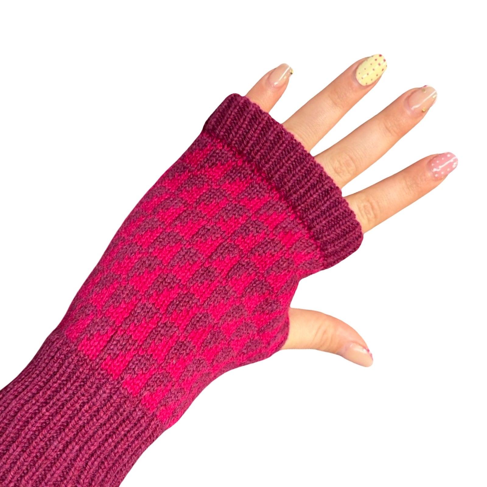 Scarlet and ruby dark pink patterned wrist warmers have a contrasting ruby red cuff and trim.