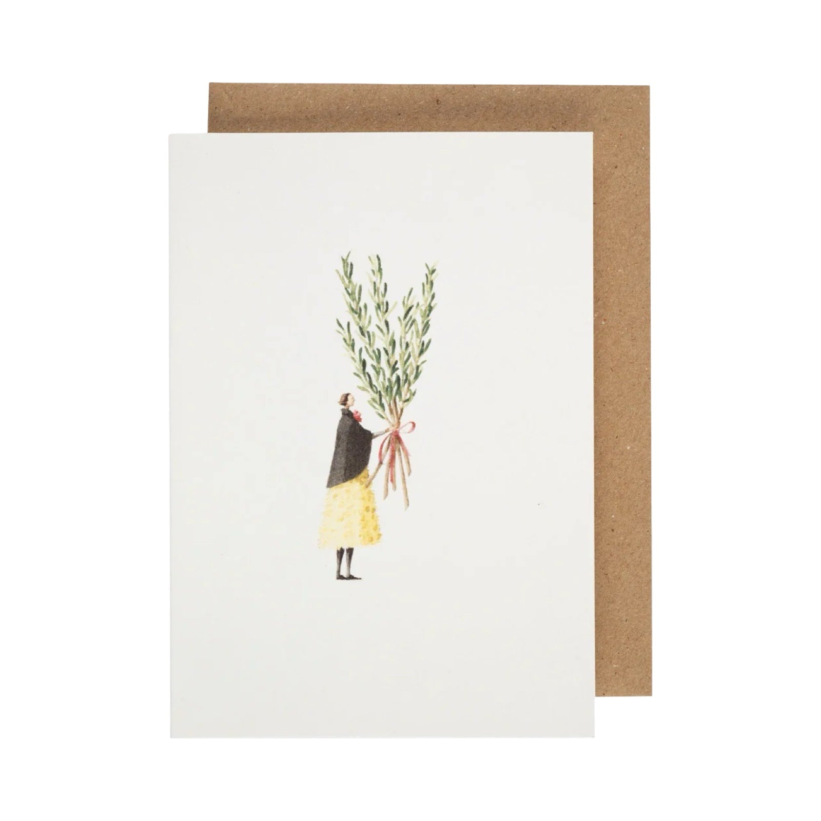 Greeting card with a person holding olive branches and a brown envelope on a white background.