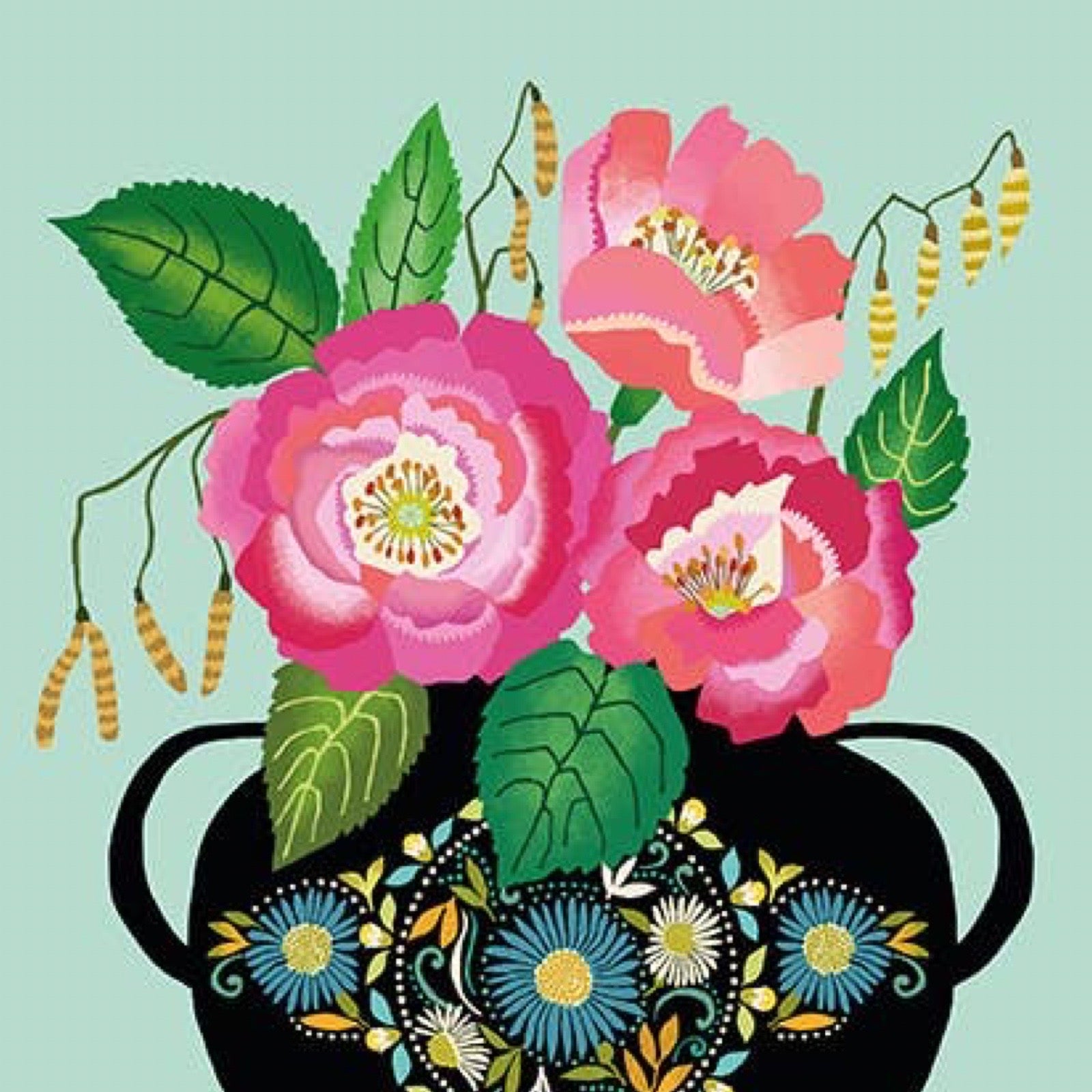 Decorative illustration of flowers in a vase on a light blue background.