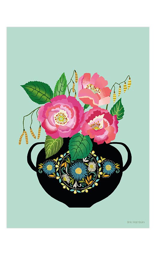 Decorative illustration of pink flowers in a black pot on a light green background.
