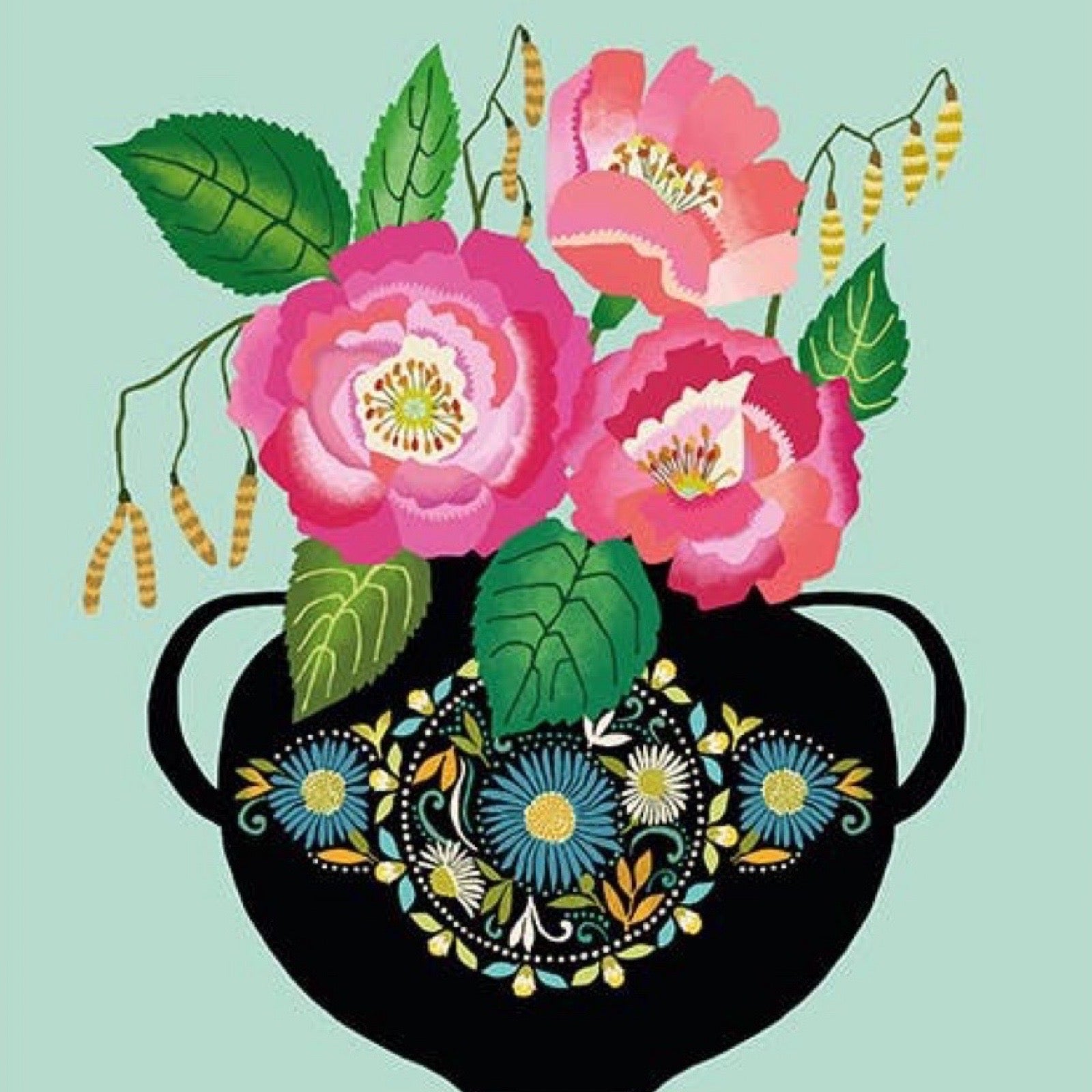 Decorative print with pink flowers in a black pot on a light green background.