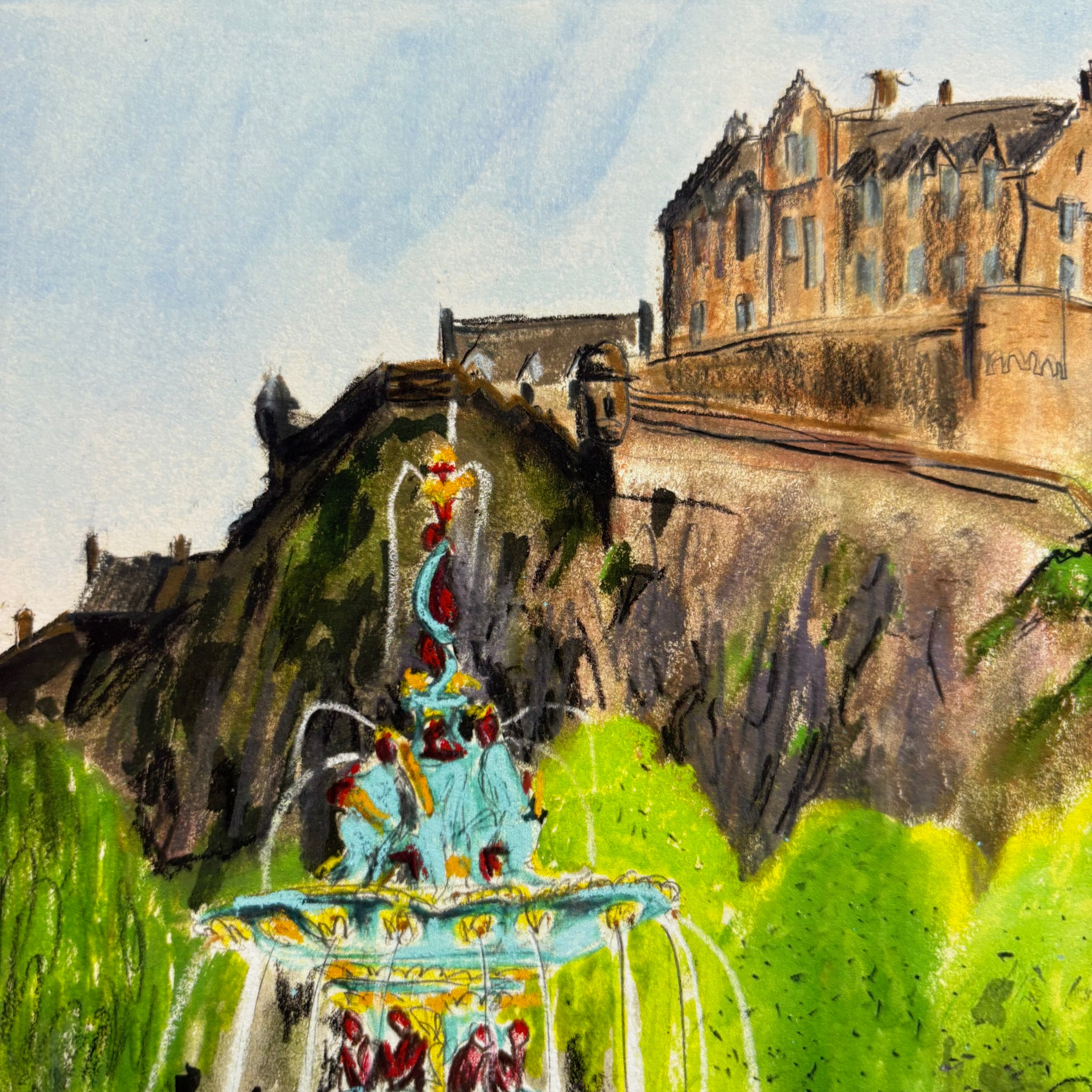 A print of a lovely summer day at the Ross Fountain in Edinburgh's Princes Street Gardens with Edinburgh Castle behind. 