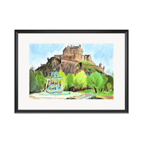 A print of a lovely summer day at the Ross Fountain in Edinburgh's Princes Street Gardens with Edinburgh Castle behind. 