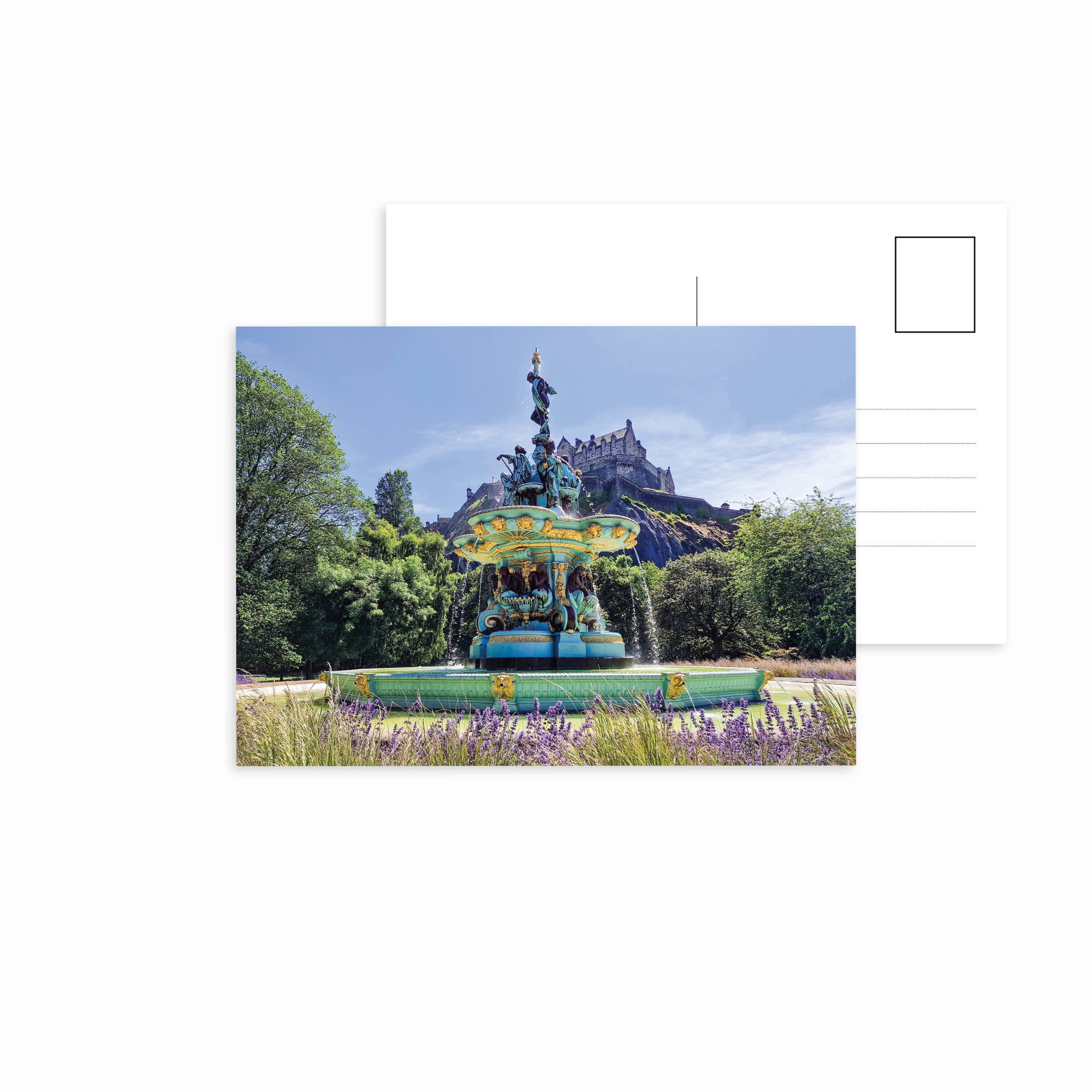 An image of the Ross Fountain with Edinburgh Castle in the background on a postcard. 