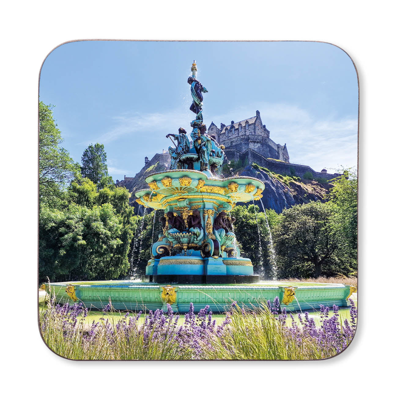 An image of the Ross Fountain with Edinburgh Castle in the background on a coaster.