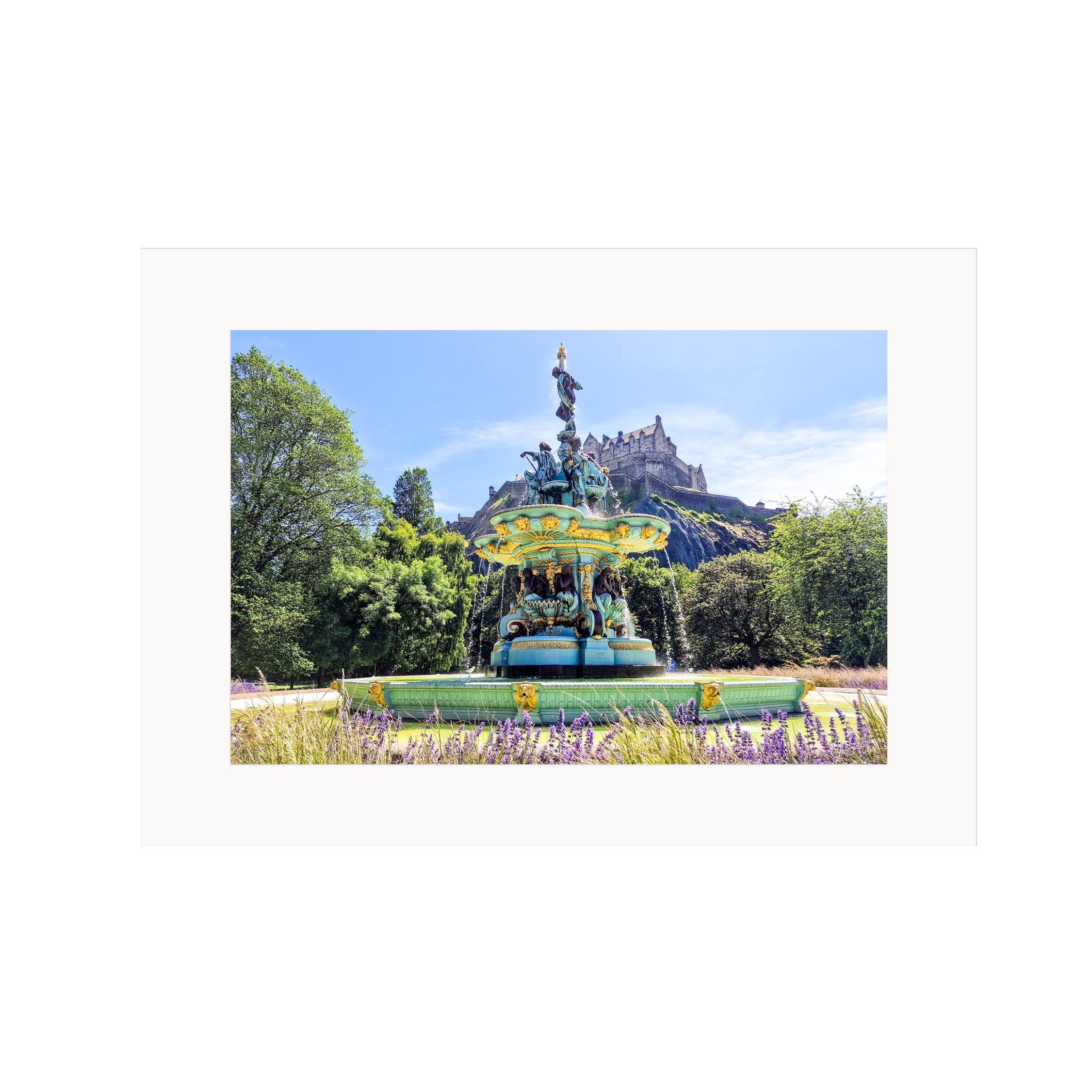 An image of the Ross Fountain with Edinburgh Castle in the background in a mount. 