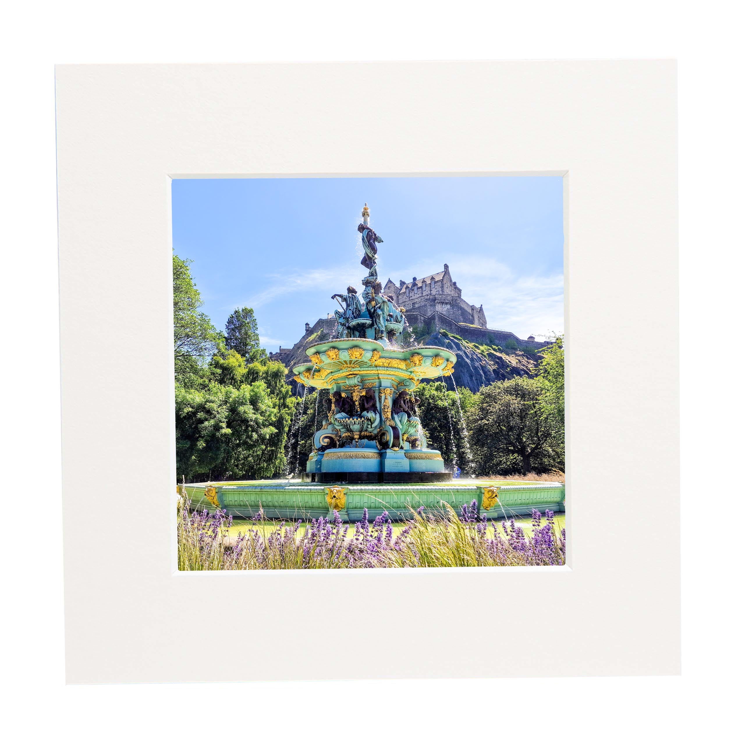 An image of the Ross Fountain with Edinburgh Castle in the background in a square mount. 