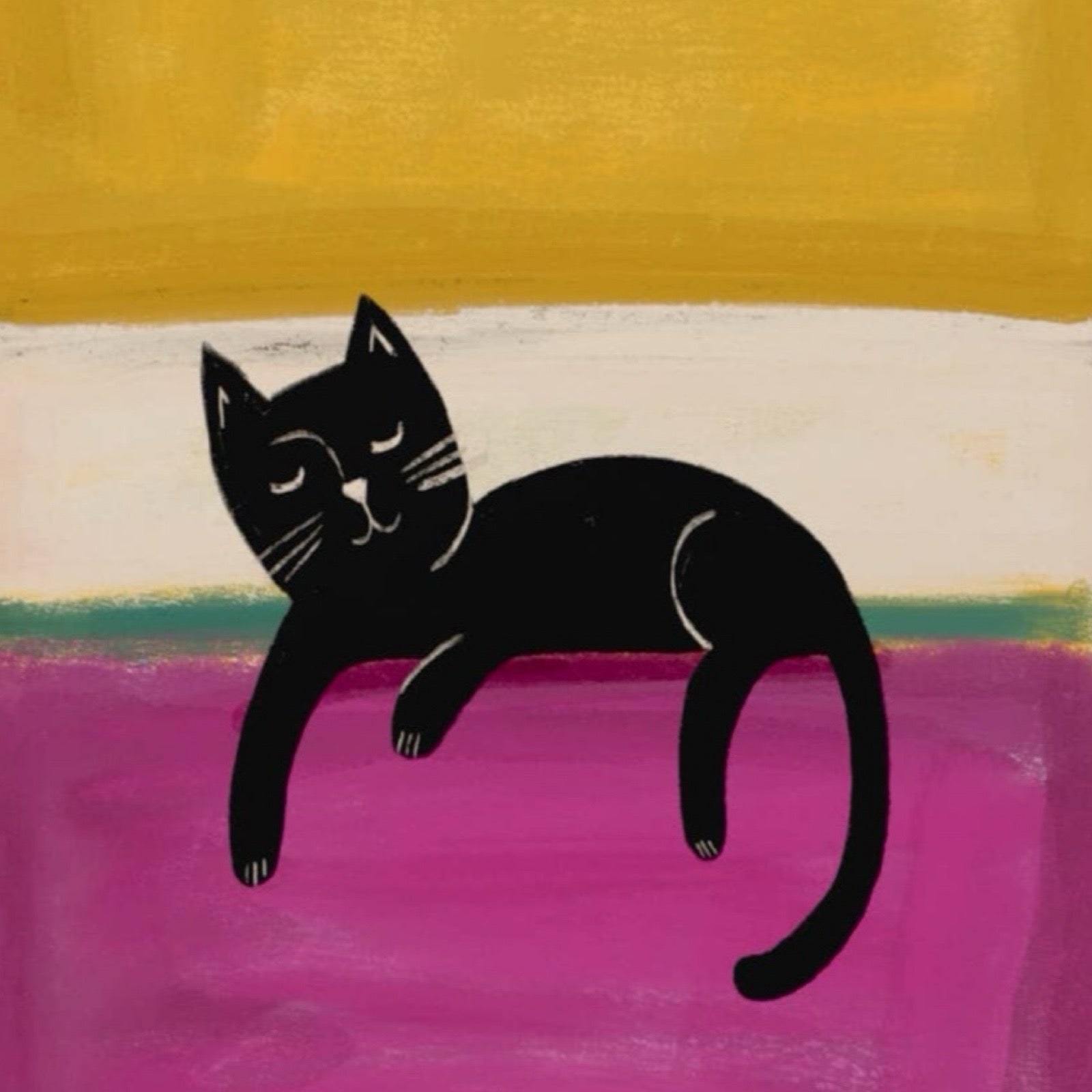 Cat print of a black cat lying on a raspberry pink block inspired by the famous artist Mark Rothko.
