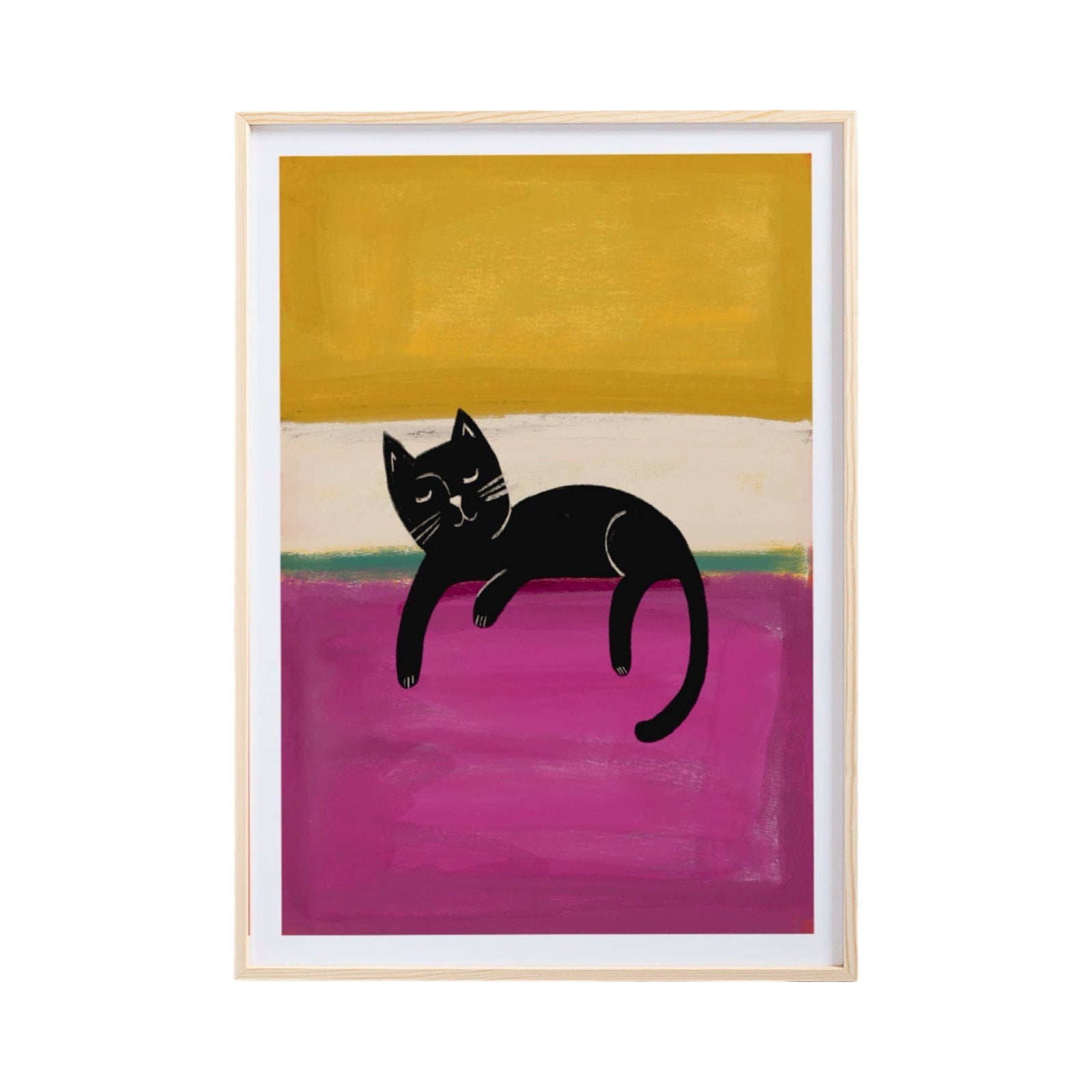 Cat print of a black cat lying on a raspberry pink block inspired by the famous artist Mark Rothko.