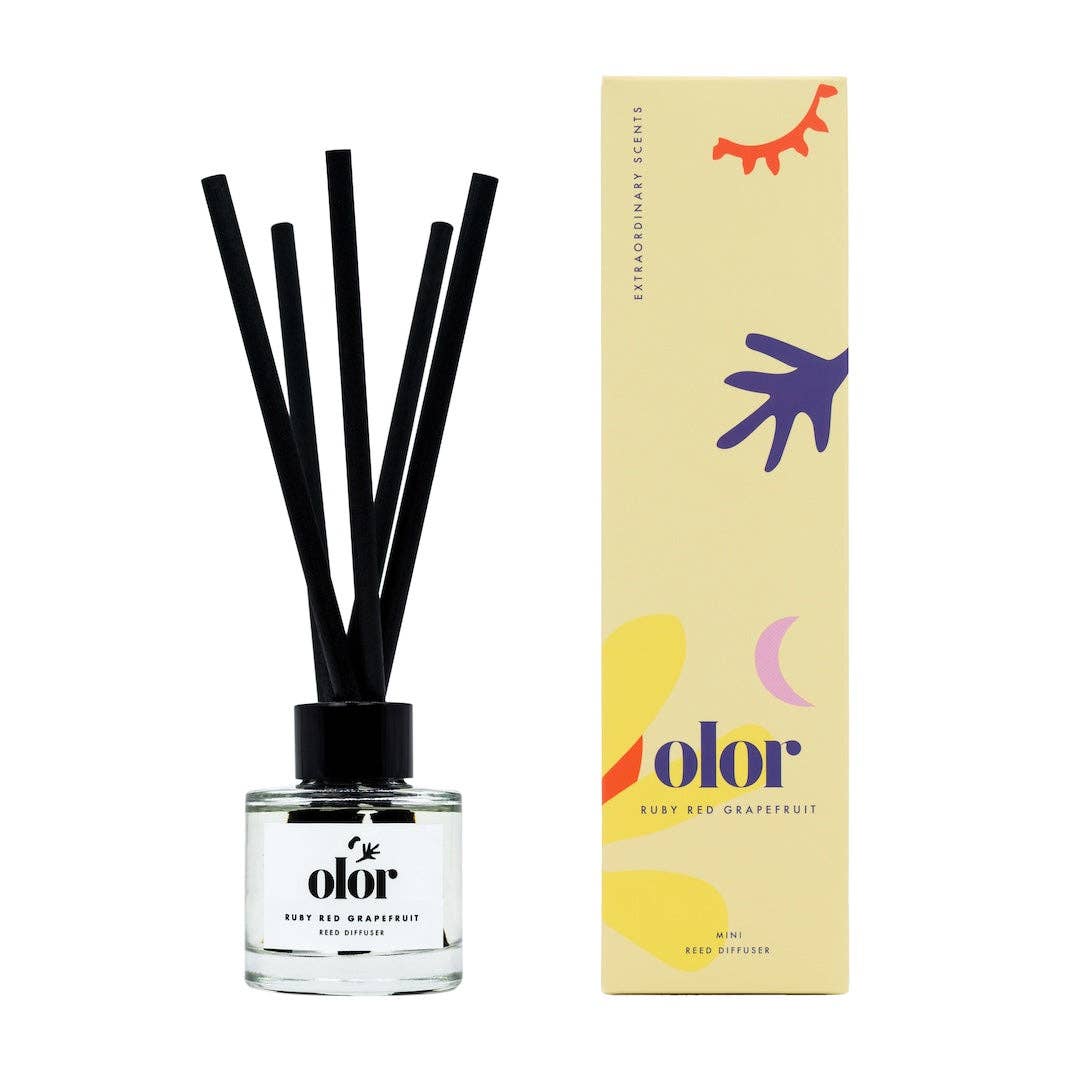 Reed diffuser with black sticks and a colorful 'olor' box on a white background