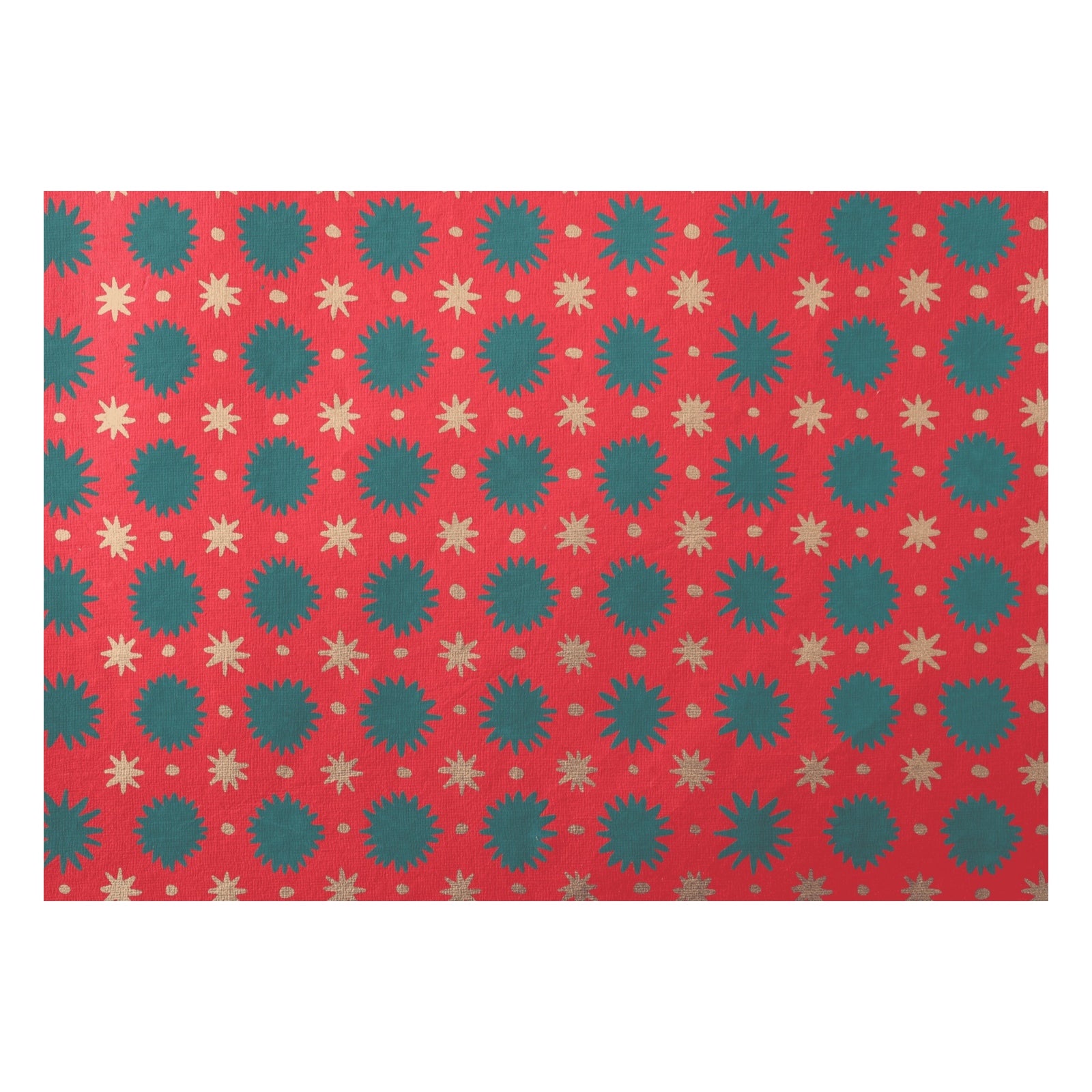 Gorgeous screen-printed Christmas wrapping paper with green and gold stars against a red background. 