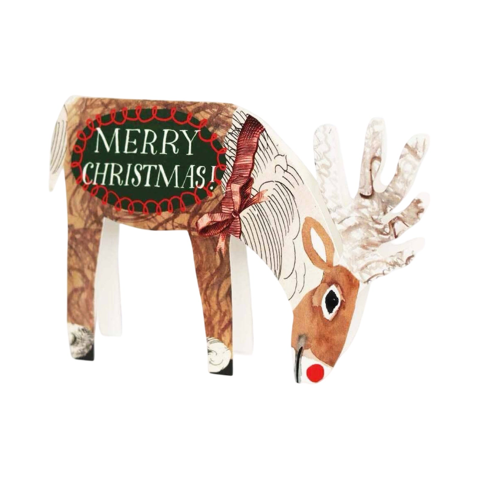 Reindeer-shaped card featuring a brown and white reindeer with a red nose, on a white background.