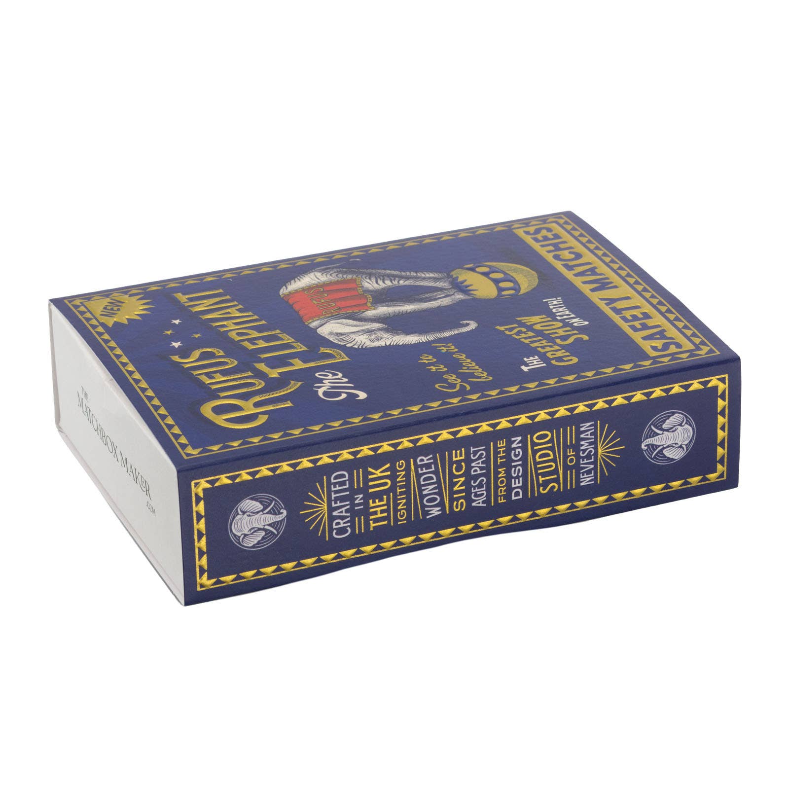 A box of matches, featuring a dark blue cover with gold decorative borders.