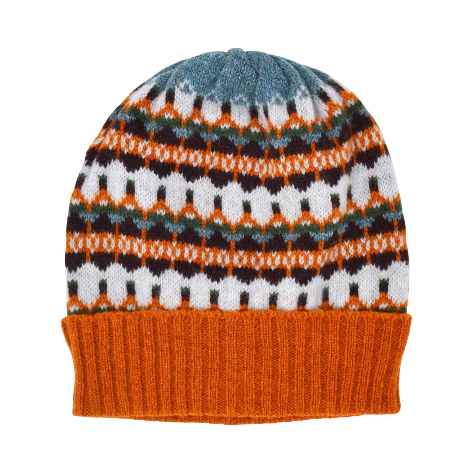 This orange, navy, blue and white striped woollen hat is handmade using only the softest Scottish spun lambswool.