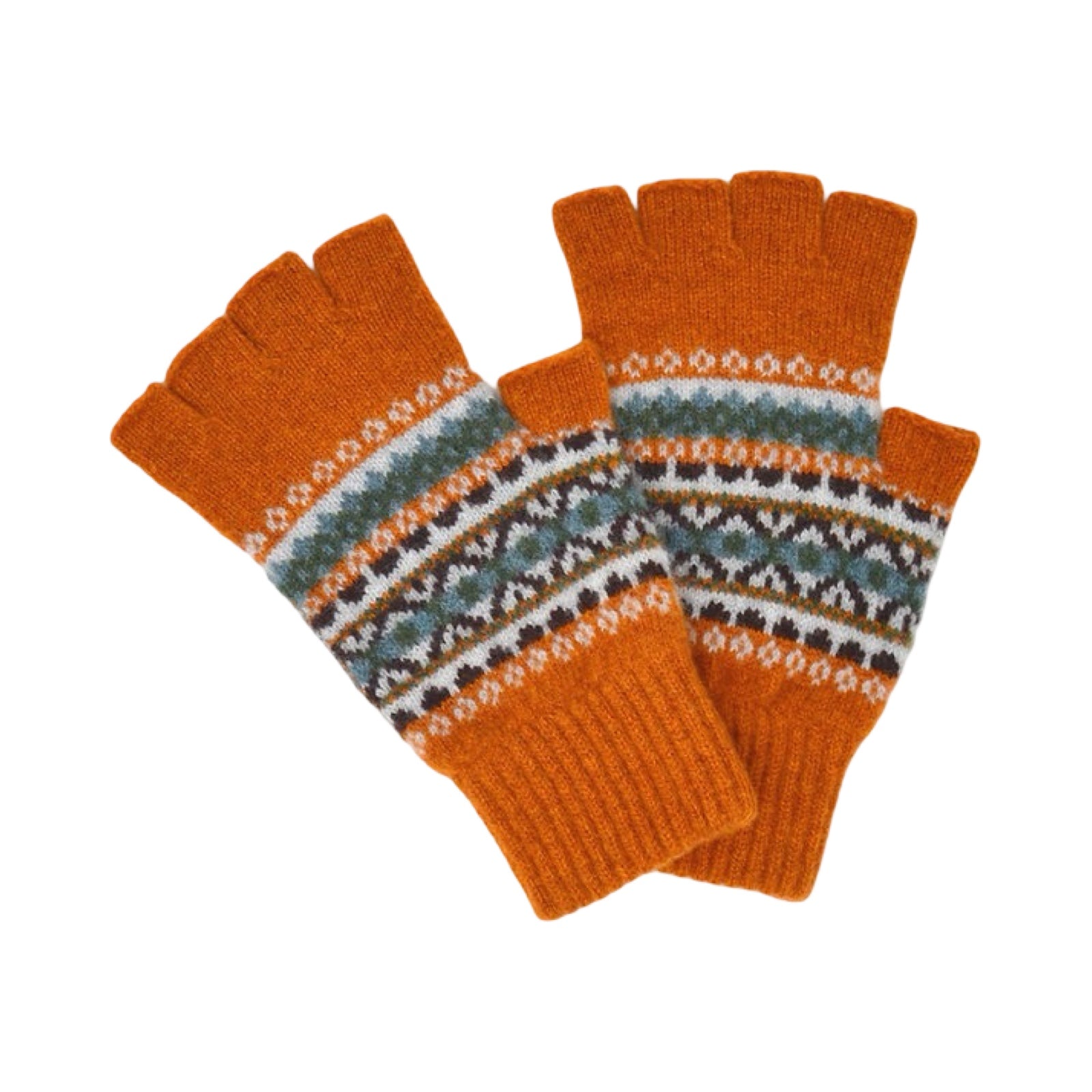 Ladies' orange fingerless gloves with a contemporary pattern in blue, navy and white are made from 100% lambswool.