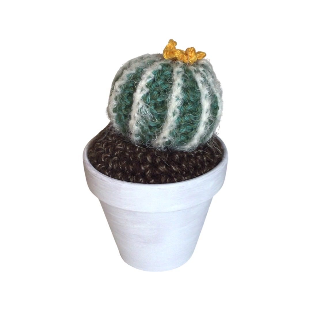 Yellow Round Striped Crochet Cactus- Medium