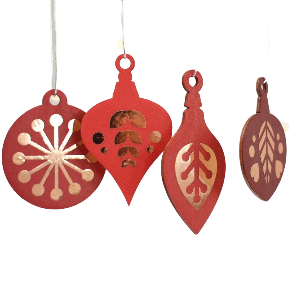 Red and Copper Wooden Christmas Baubles