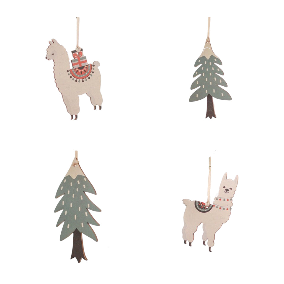 Llama and Tree Wooden Christmas Decorations