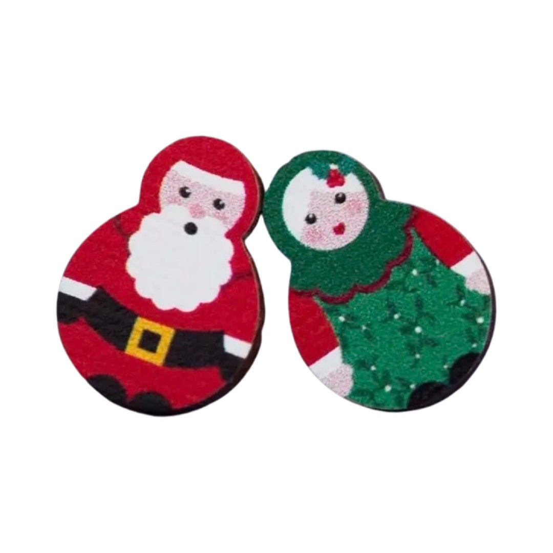 Mr and Mrs Clause Wooden Stud Earrings