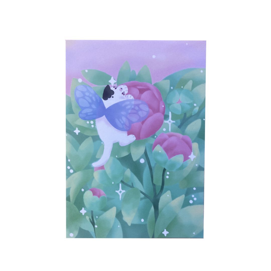 Pink Peony Flower Fairy Cat Print