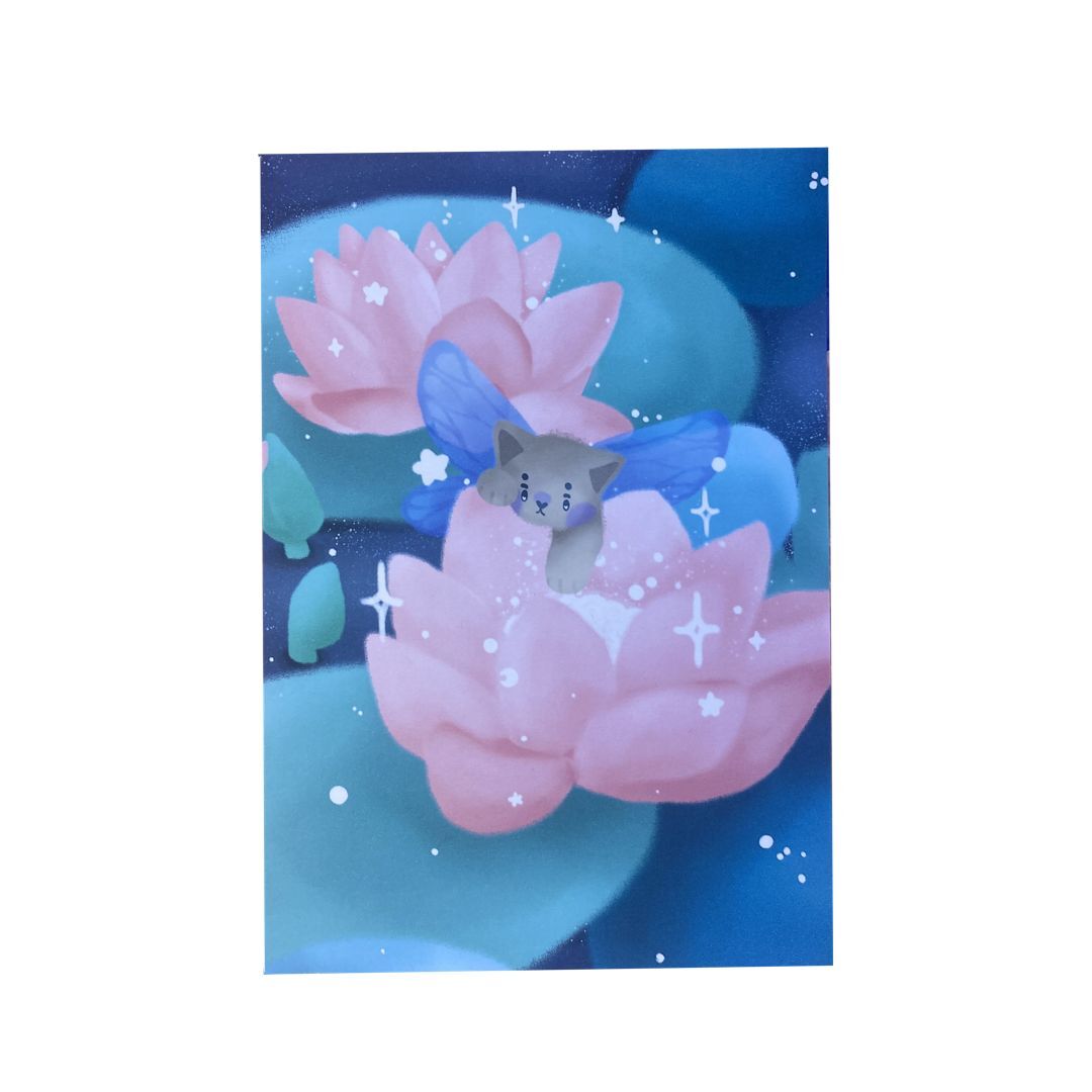 Water Lily Flower Fairy Cat Print