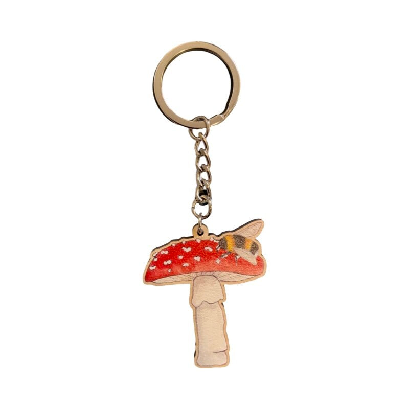 Toadstool and Bee Wooden Keyring