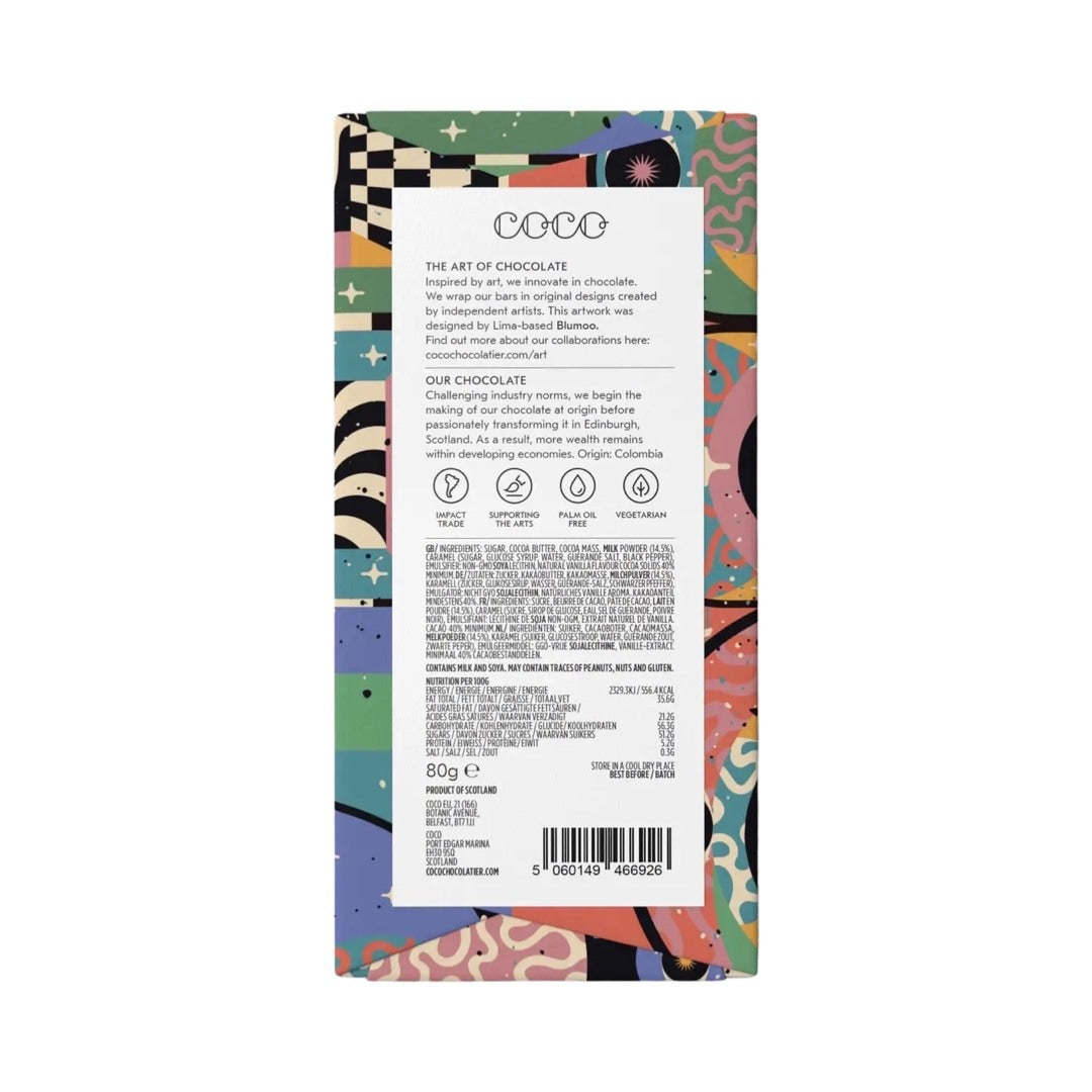 The back of a bar of salt and pepper caramel milk chocolate