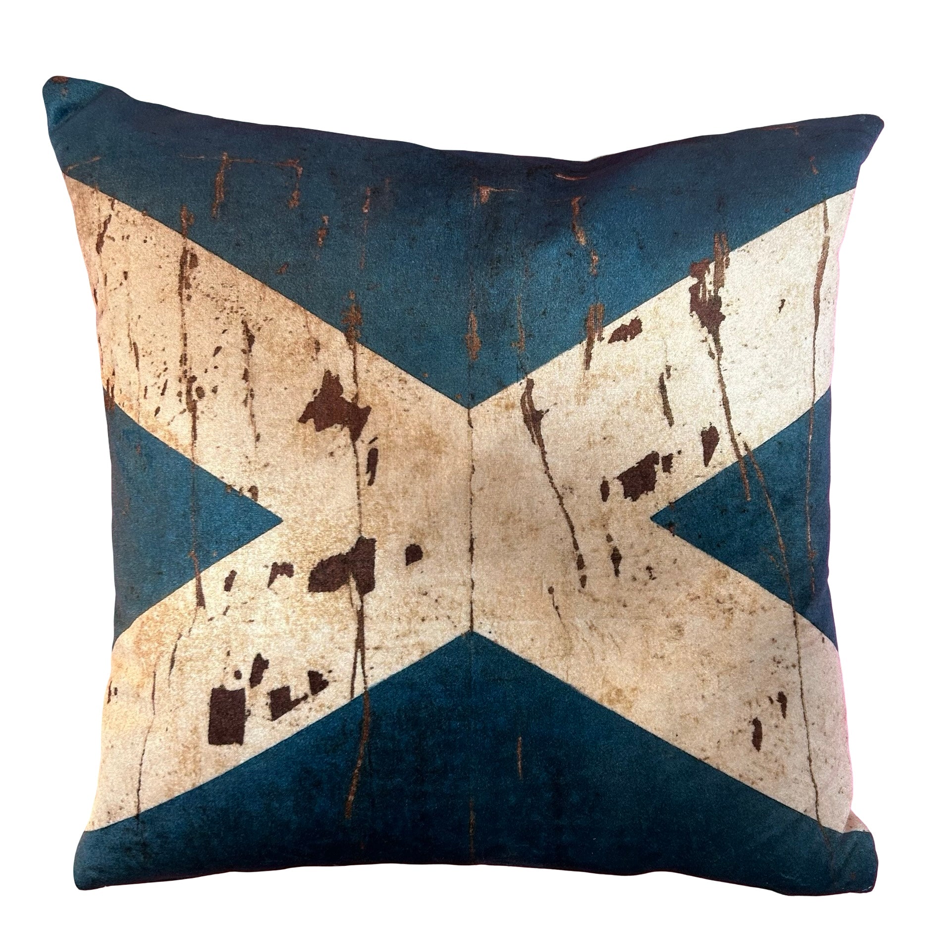 Decorative pillow with a blue and beige saltire pattern on a white background.