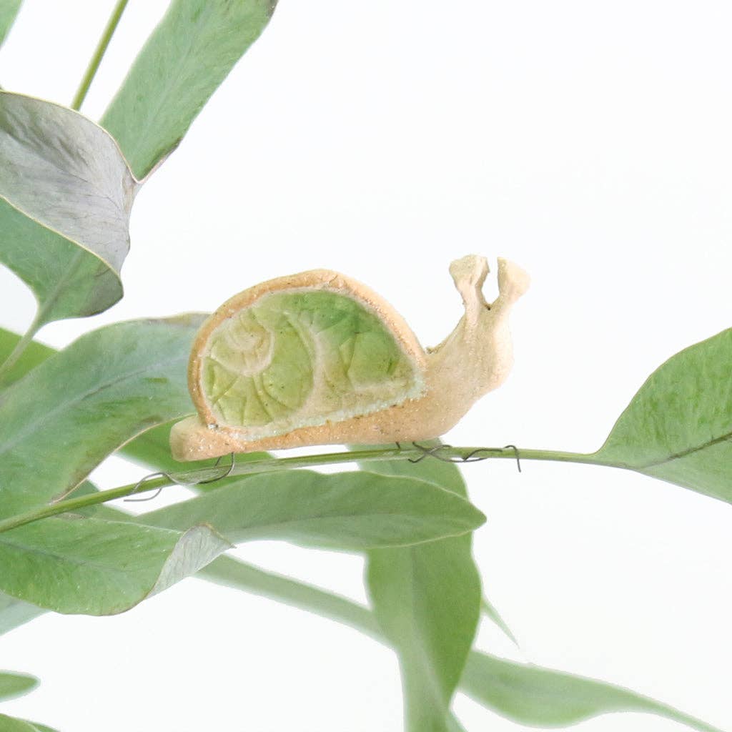 Snail plant hugger, handmade using British clay and recycled glass, on plants.