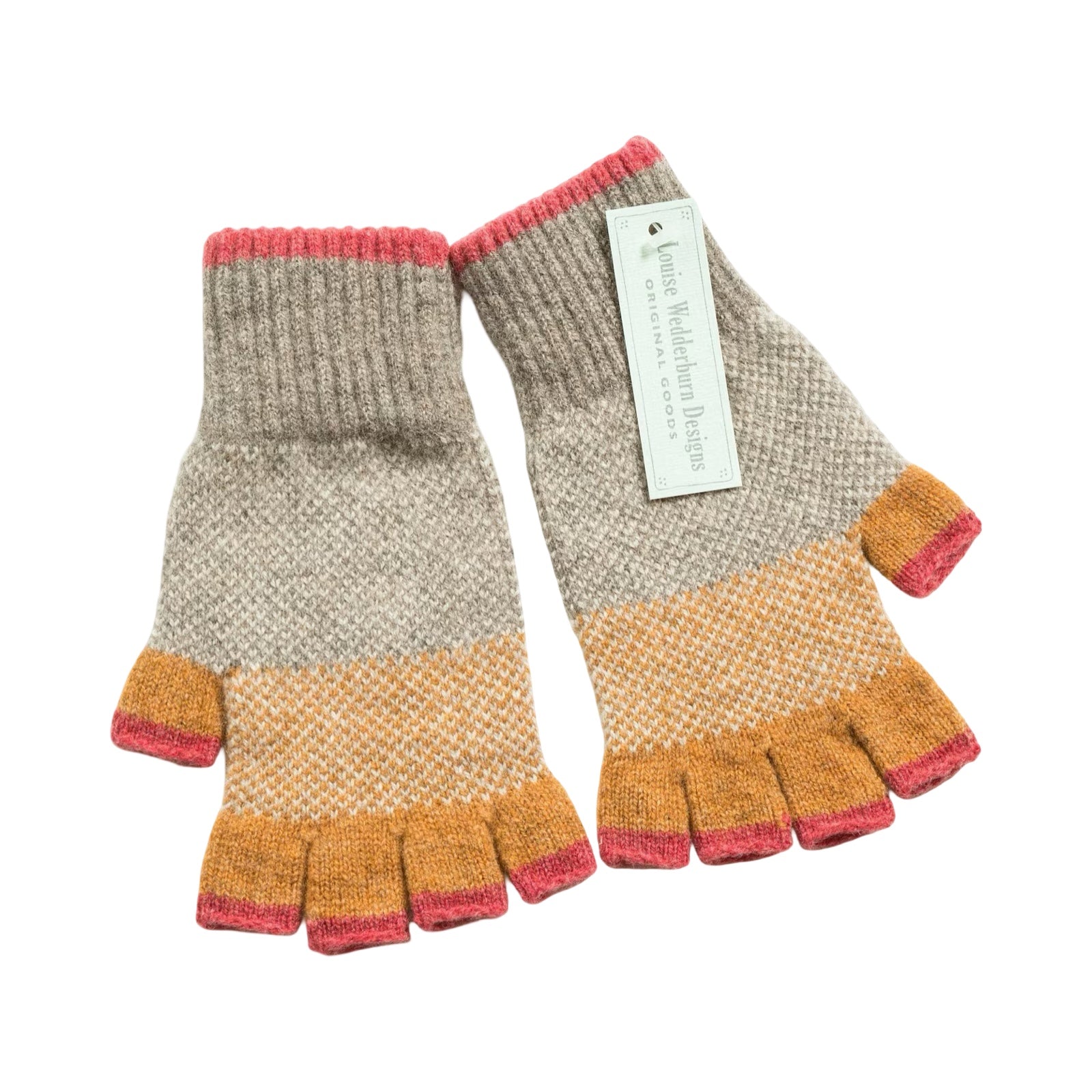 These soft and cosy fingerless gloves are grey with two shades of orange stripes and orange trims.