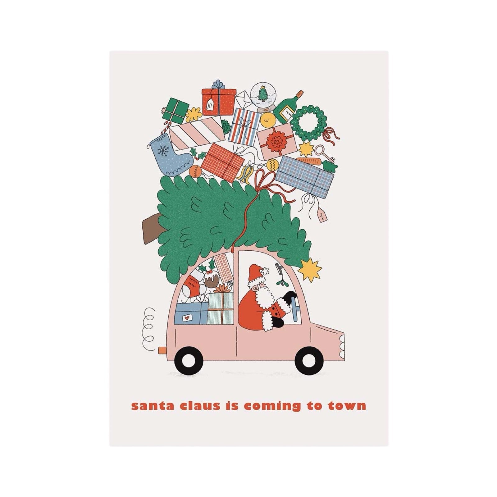 Christmas card featuring a little pink car being driven by Santa Clause stacked high with Christmas presents and a Christmas tree. 