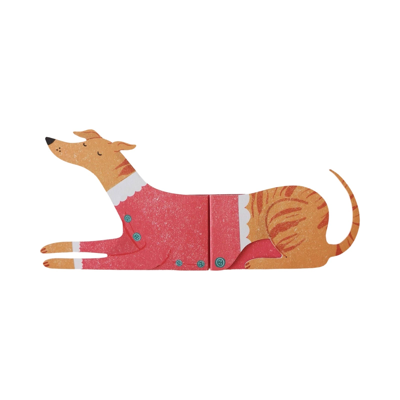 This dog-shaped Christmas card opens out to reveal a ridiculously long dog! 'Santa's Little Helper' is wearing a red jumper with white cuffs.