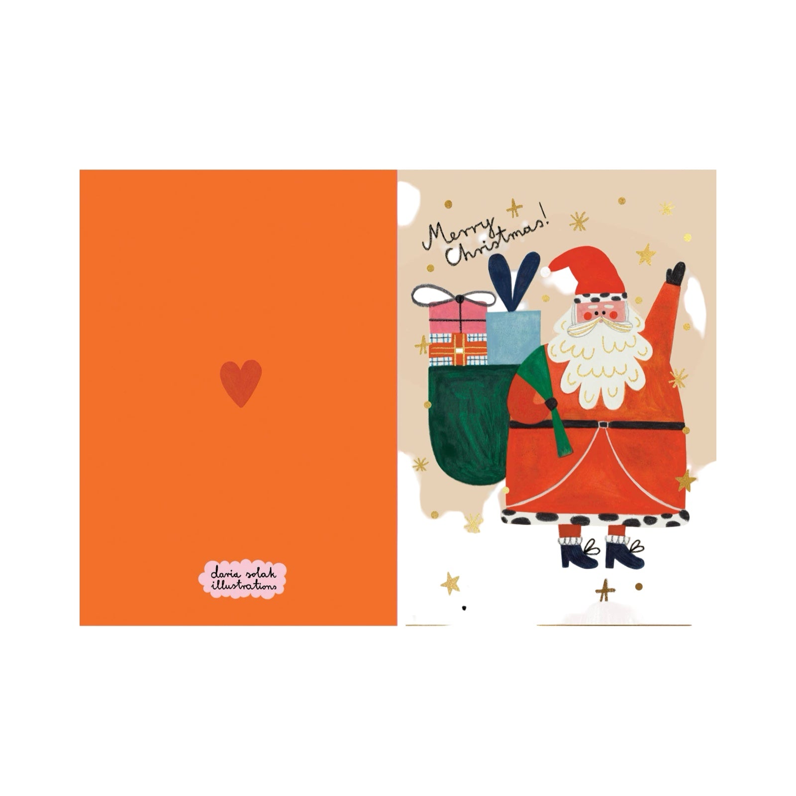 A Christmas card featuring an illustration of Santa carrying a sack of Christmas presents.