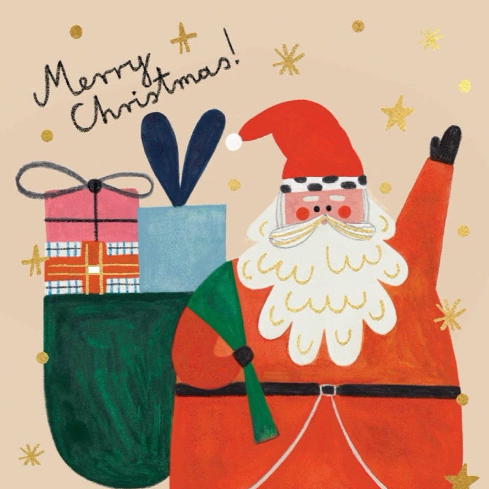 Illustration of Santa Claus with gifts and 'Merry Christmas!' text on a beige background.