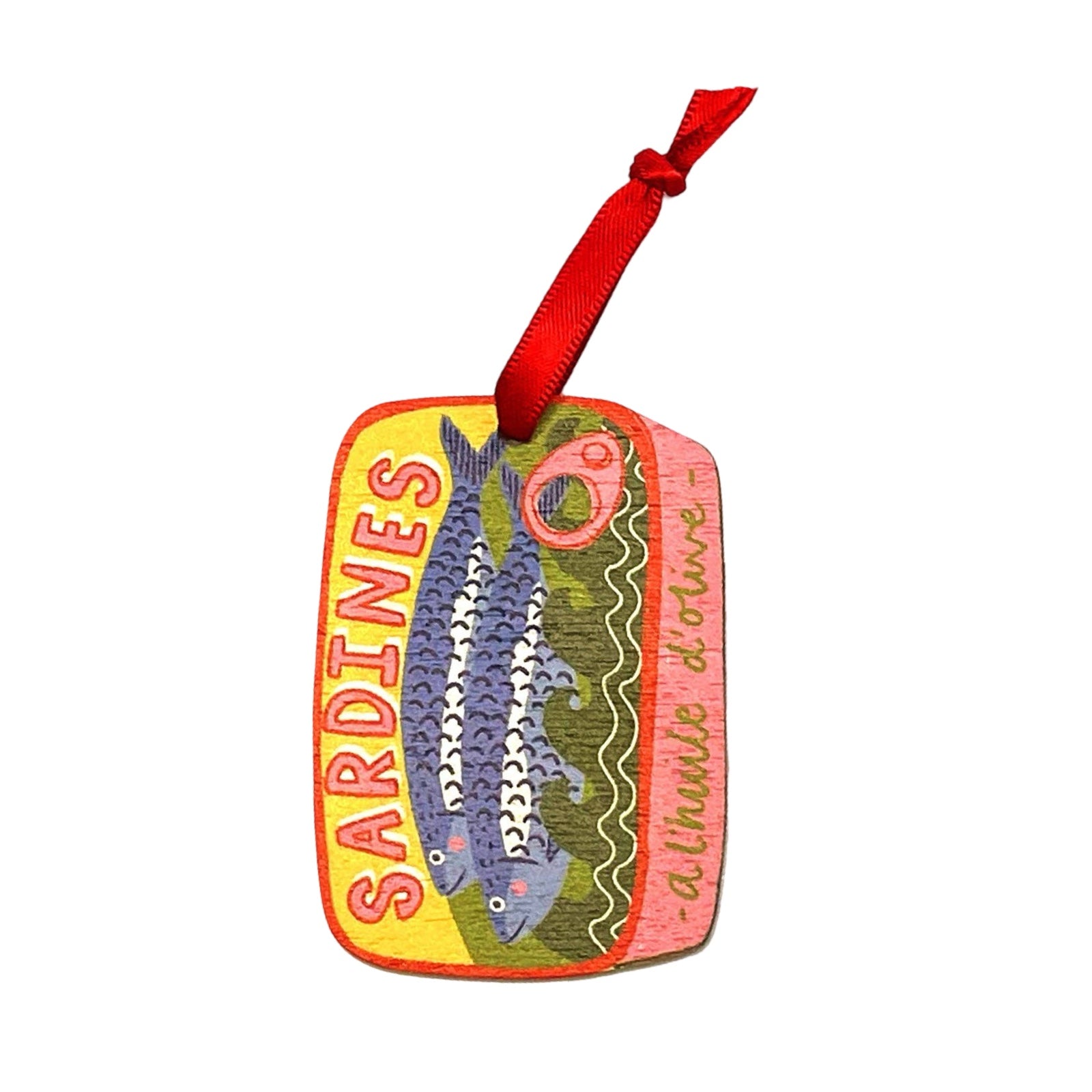 A wooden Christmas decoration of a tin of sardines. Each decoration is made from sustainably sourced wood and strung with a festive red ribbon.