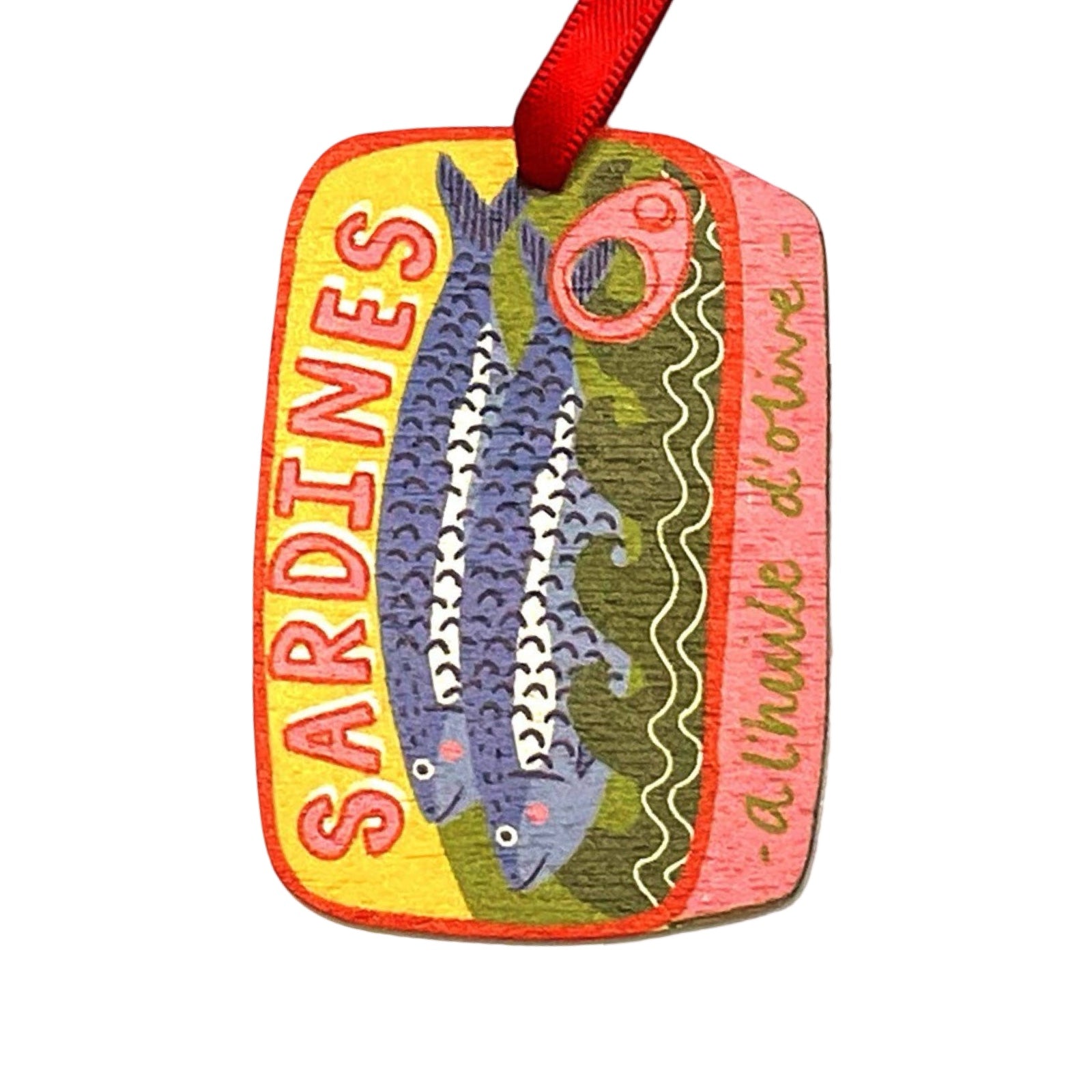 A wooden Christmas decoration of a tin of sardines. Each decoration is made from sustainably sourced wood and strung with a festive red ribbon.