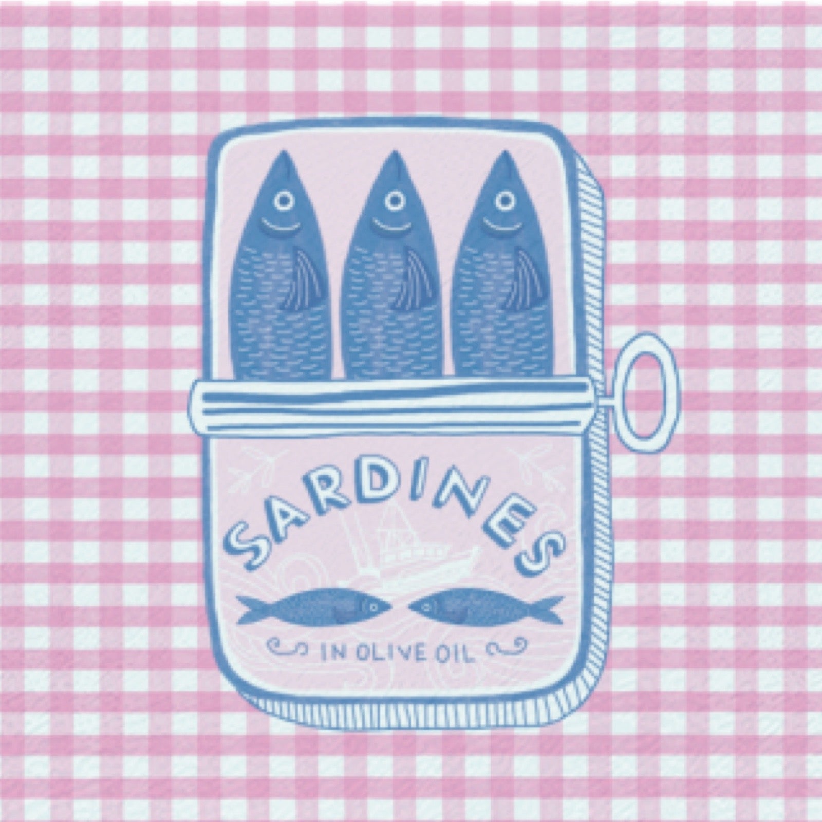 A pink and white gingham patterned background with a central illustrated can of sardines in blue and white. The can shows three sardines above the text 'SARDINES' and 'IN OLIVE OIL'.