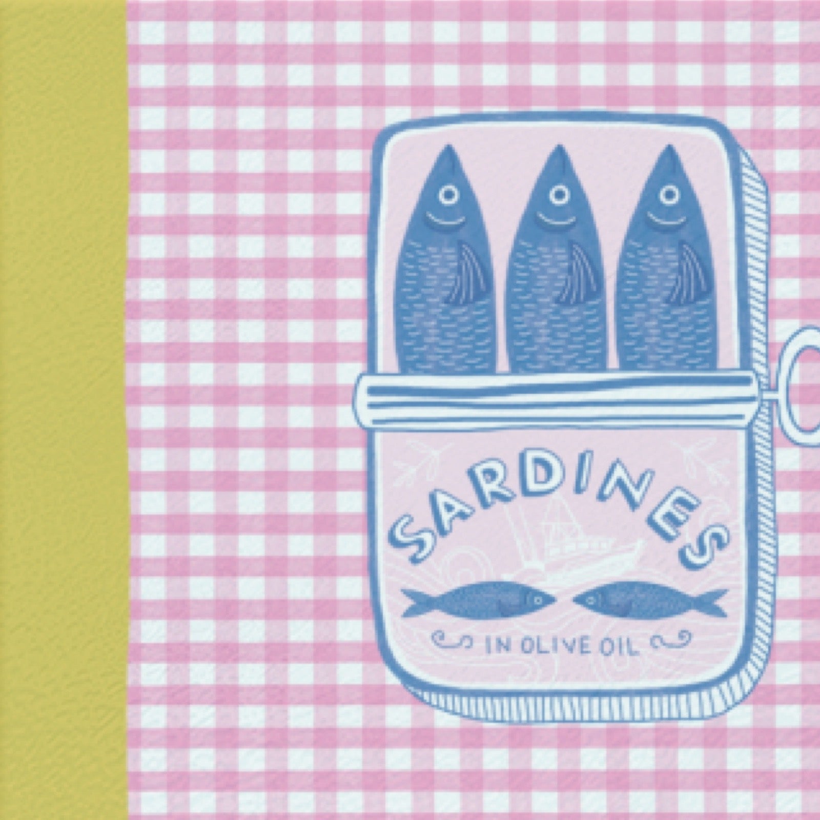 A square printed card or art print featuring a pink-and-white gingham background with a stylized blue-and-white can of sardines illustration, plus a mustard-yellow vertical band on the left side.
