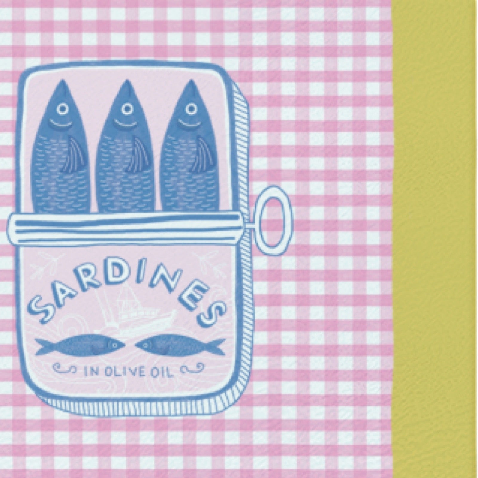 A chopping board featuring a blue line-art illustration of an open sardine can with three sardines and the words 'SARDINES IN OLIVE OIL' on a pink-and-white gingham background, with a yellow along the right edge.