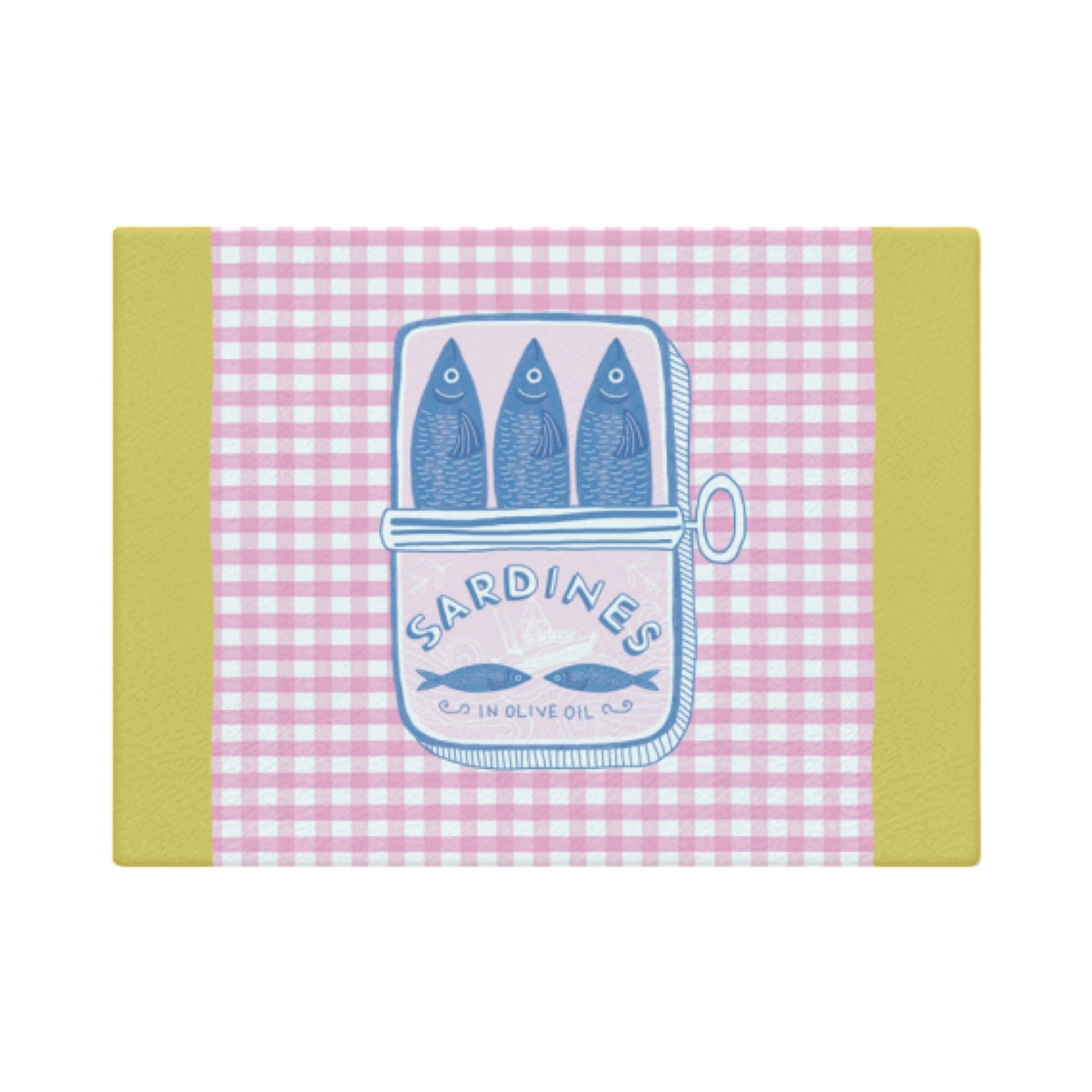 A chopping board, featuring a pink and white gingham pattern with a central illustration of a sardine tin containing blue fish. The sides are solid pale yellow.